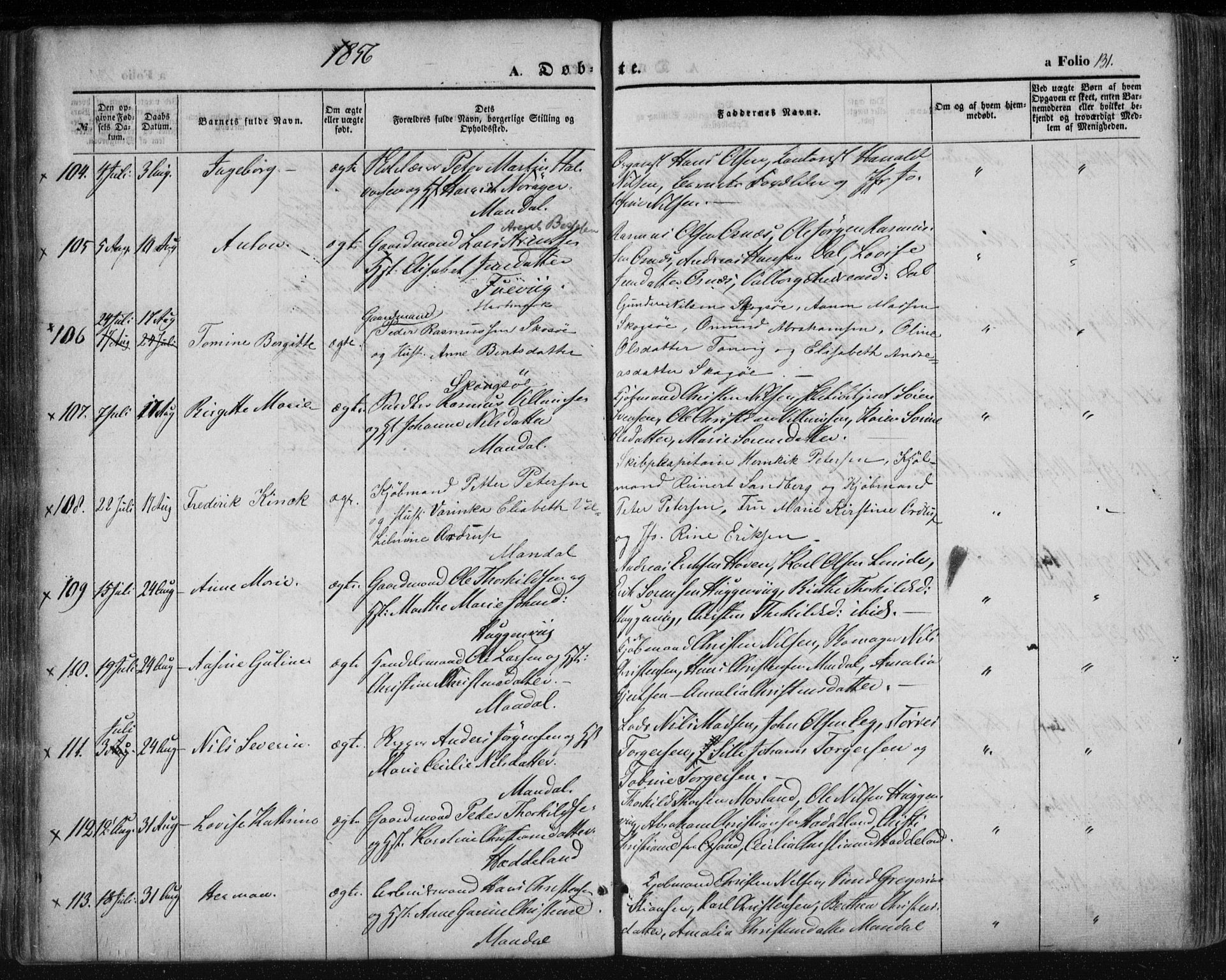 Mandal sokneprestkontor, AV/SAK-1111-0030/F/Fa/Faa/L0013: Ministerialbok nr. A 13, 1847-1859, s. 131