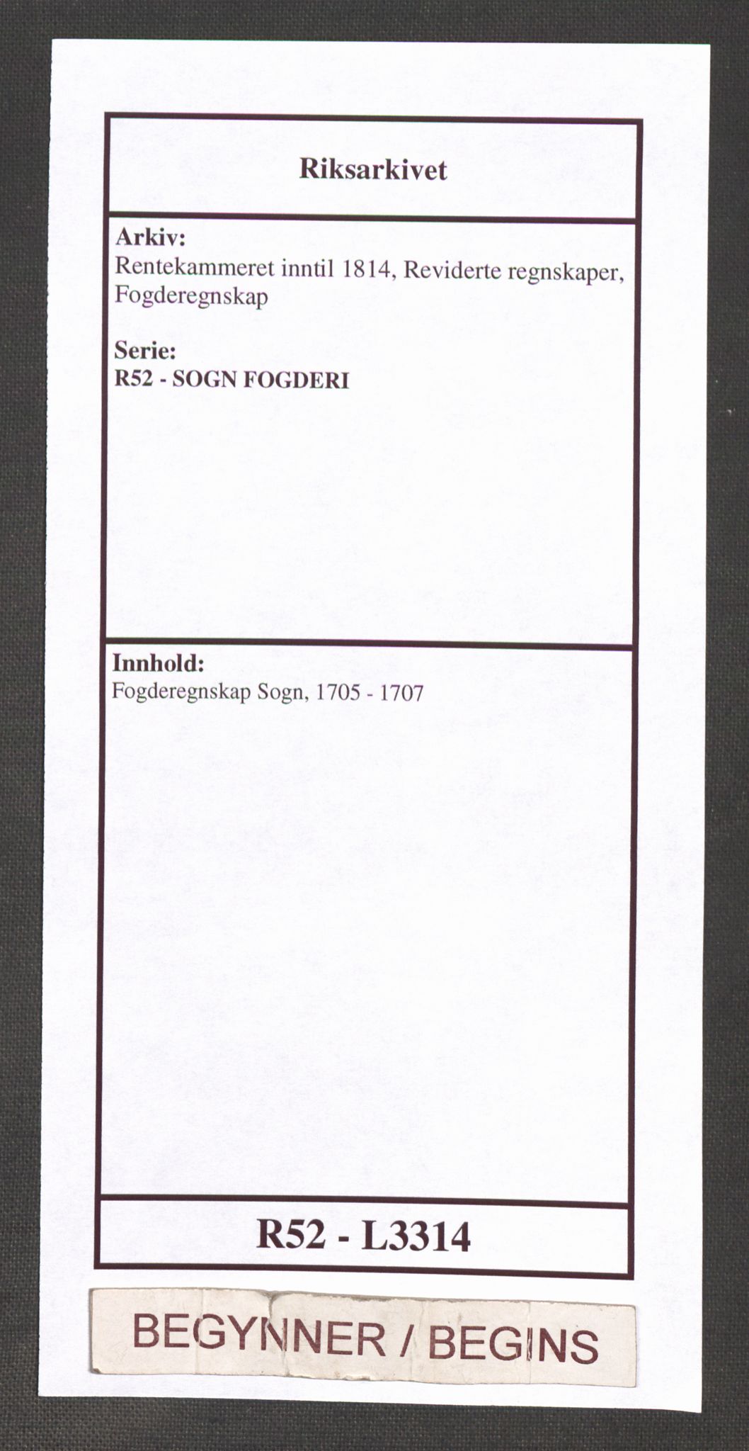 Rentekammeret inntil 1814, Reviderte regnskaper, Fogderegnskap, RA/EA-4092/R52/L3314: Fogderegnskap Sogn, 1705-1707, s. 1