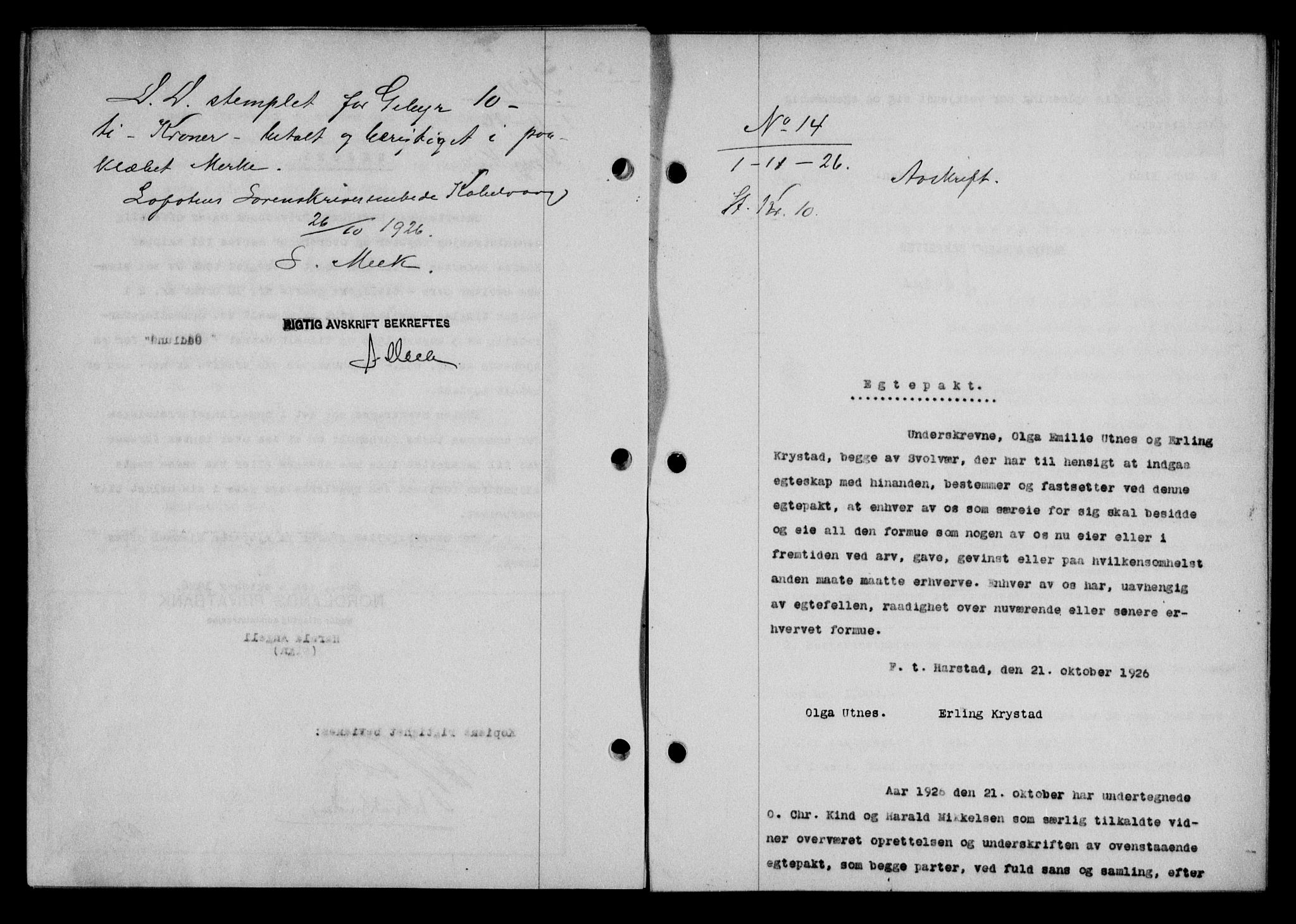 Lofoten sorenskriveri, SAT/A-0017/1/2/2C/L0014b: Pantebok nr. 14b, 1926-1926, Tingl.dato: 01.11.1926