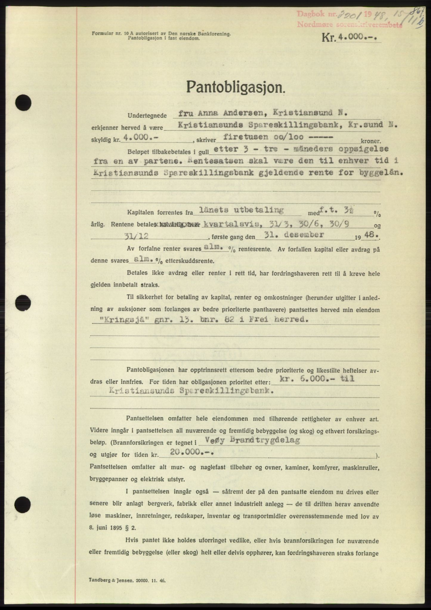 Nordmøre sorenskriveri, SAT/A-4132/1/2/2Ca: Pantebok nr. B100, 1948-1949, Dagboknr: 3201/1948