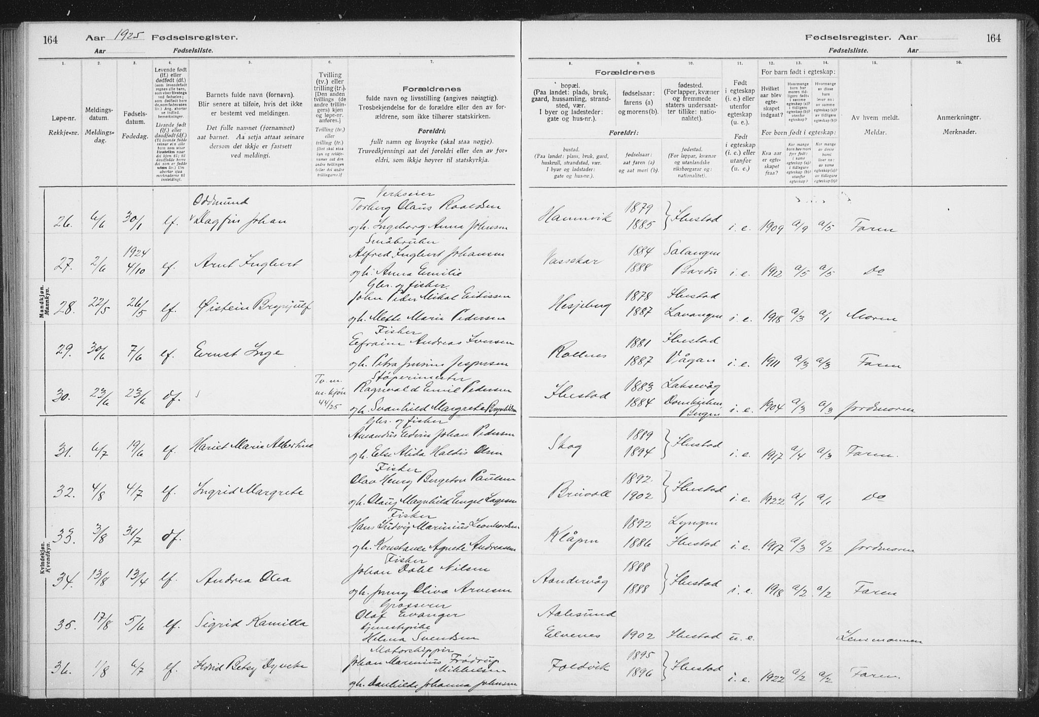 Ibestad sokneprestembete, AV/SATØ-S-0077/I/Ic/L0061: Fødselsregister nr. 61, 1917-1929, s. 164