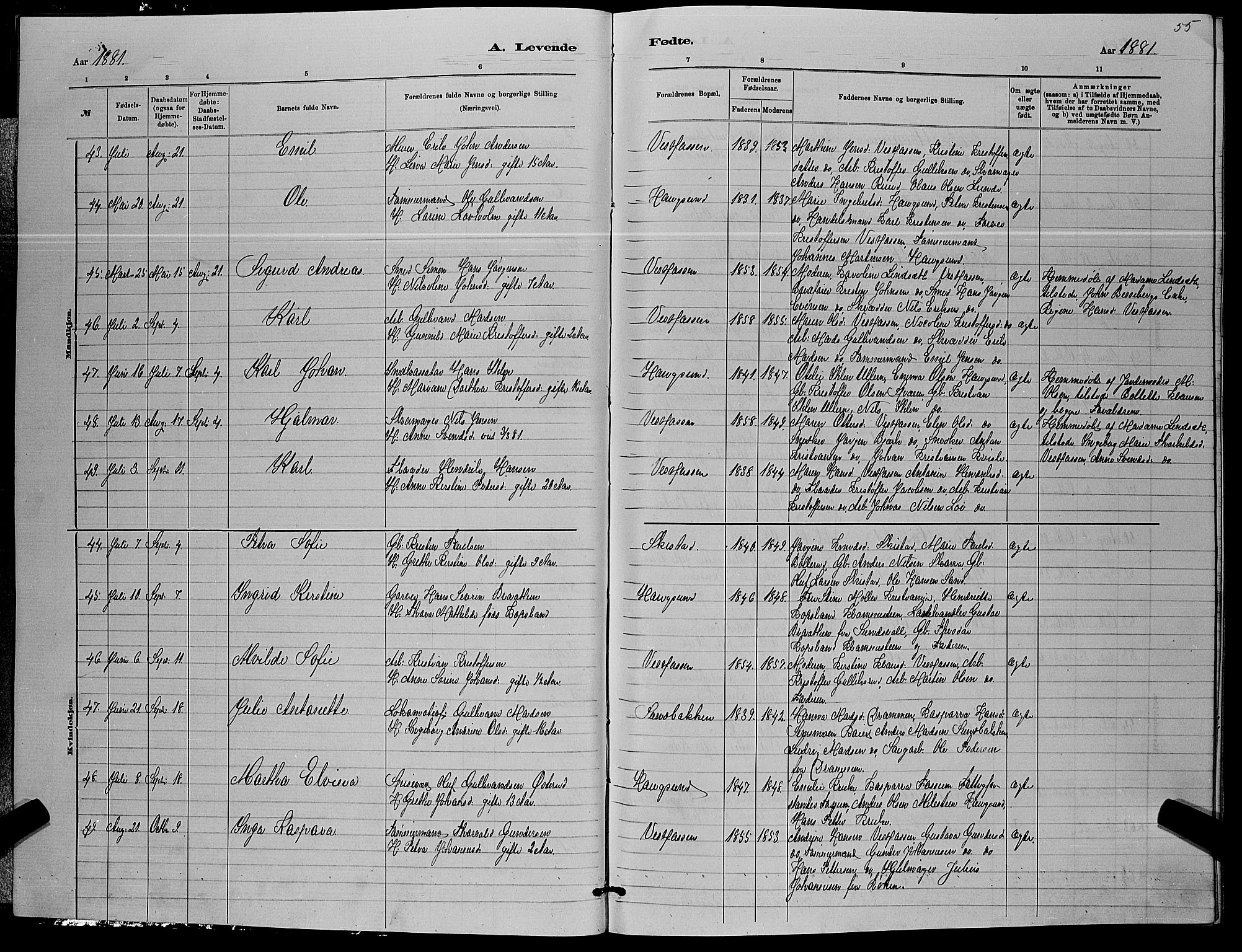 Eiker kirkebøker, AV/SAKO-A-4/G/Ga/L0005: Klokkerbok nr. I 5, 1878-1887, s. 55