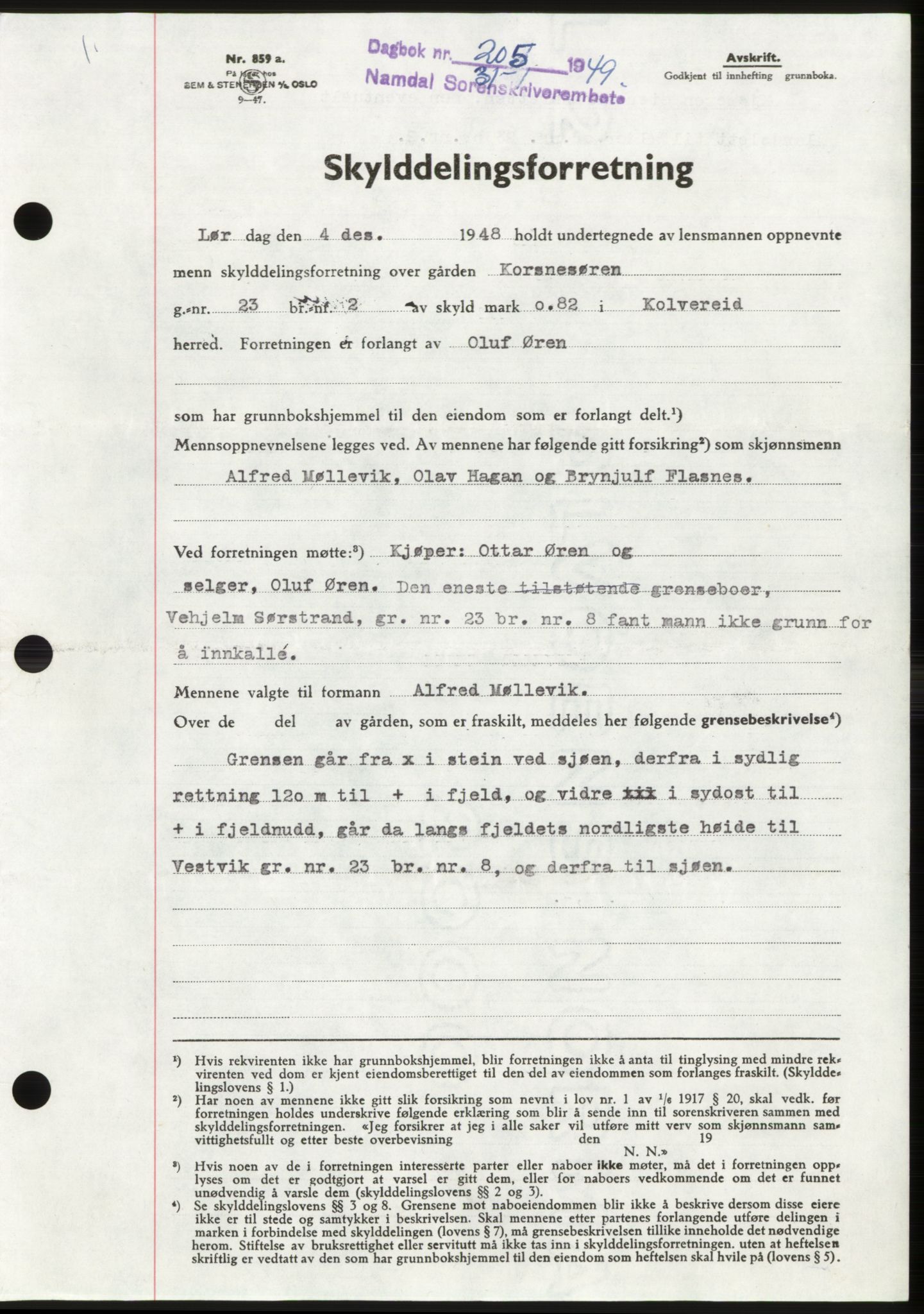 Namdal sorenskriveri, SAT/A-4133/1/2/2C: Pantebok nr. -, 1949-1949, Dagboknr: 205/1949