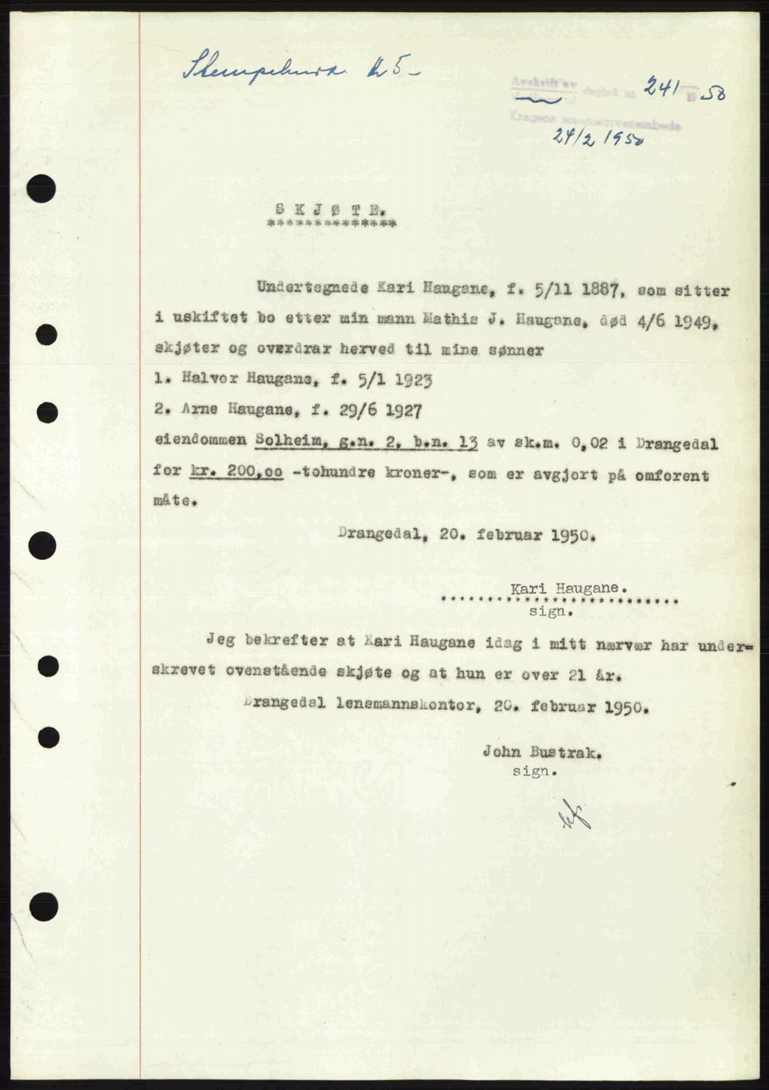 Kragerø sorenskriveri, SAKO/A-65/G/Ga/Gac/L0003: Pantebok nr. A-3, 1949-1950, Dagboknr: 241/1950