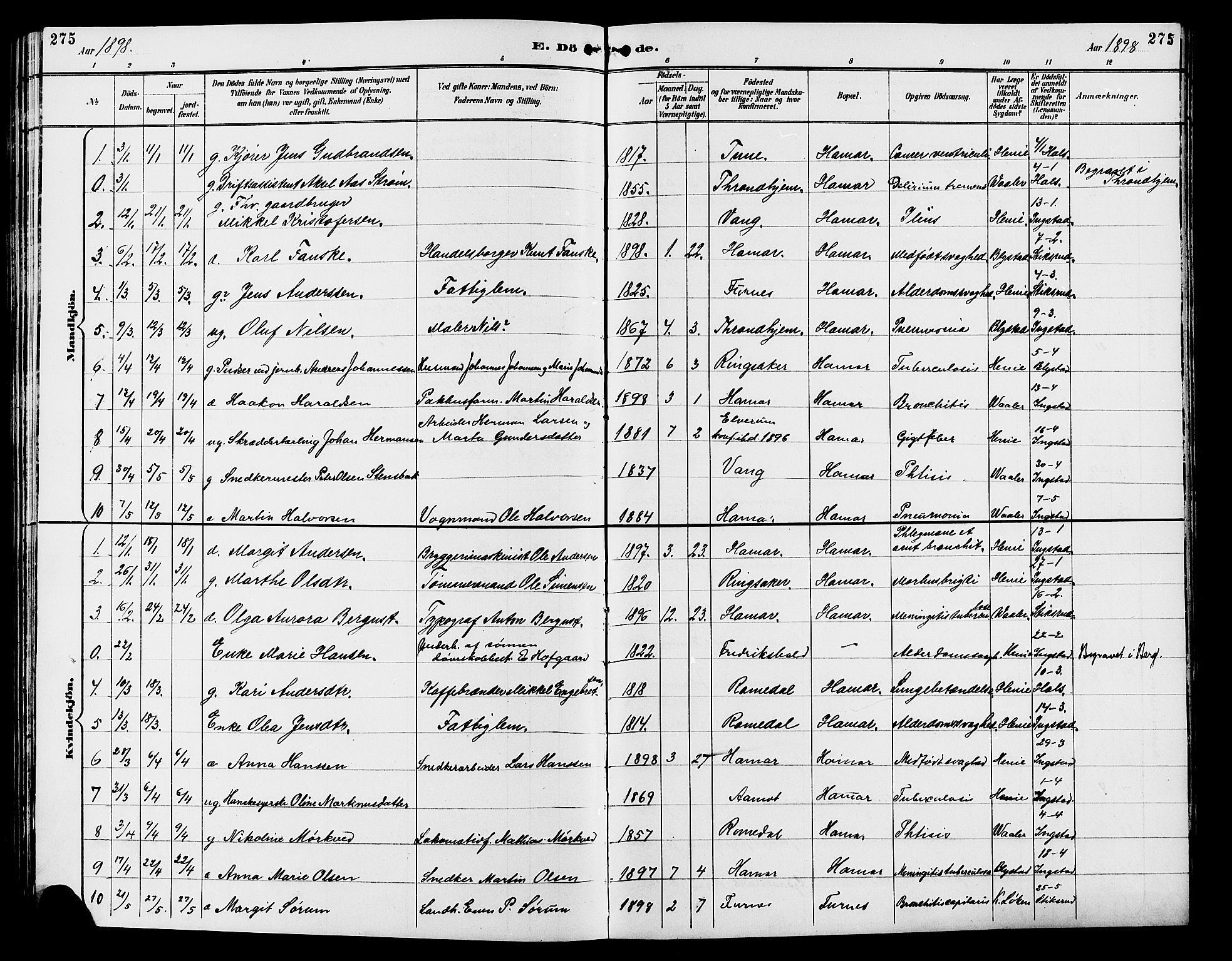 Vang prestekontor, Hedmark, SAH/PREST-008/H/Ha/Hab/L0013: Klokkerbok nr. 13, 1890-1899, s. 275