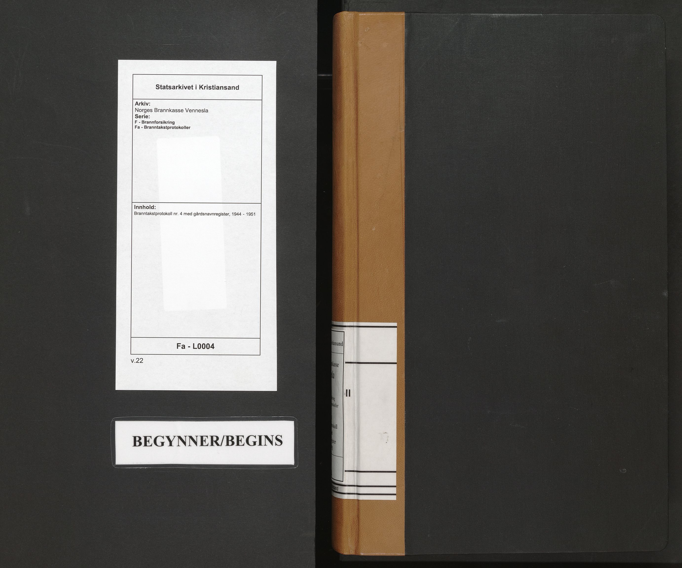 Norges Brannkasse Vennesla, AV/SAK-2241-0055/F/Fa/L0004: Branntakstprotokoll nr. 4 med gårdsnavnregister, 1944-1951