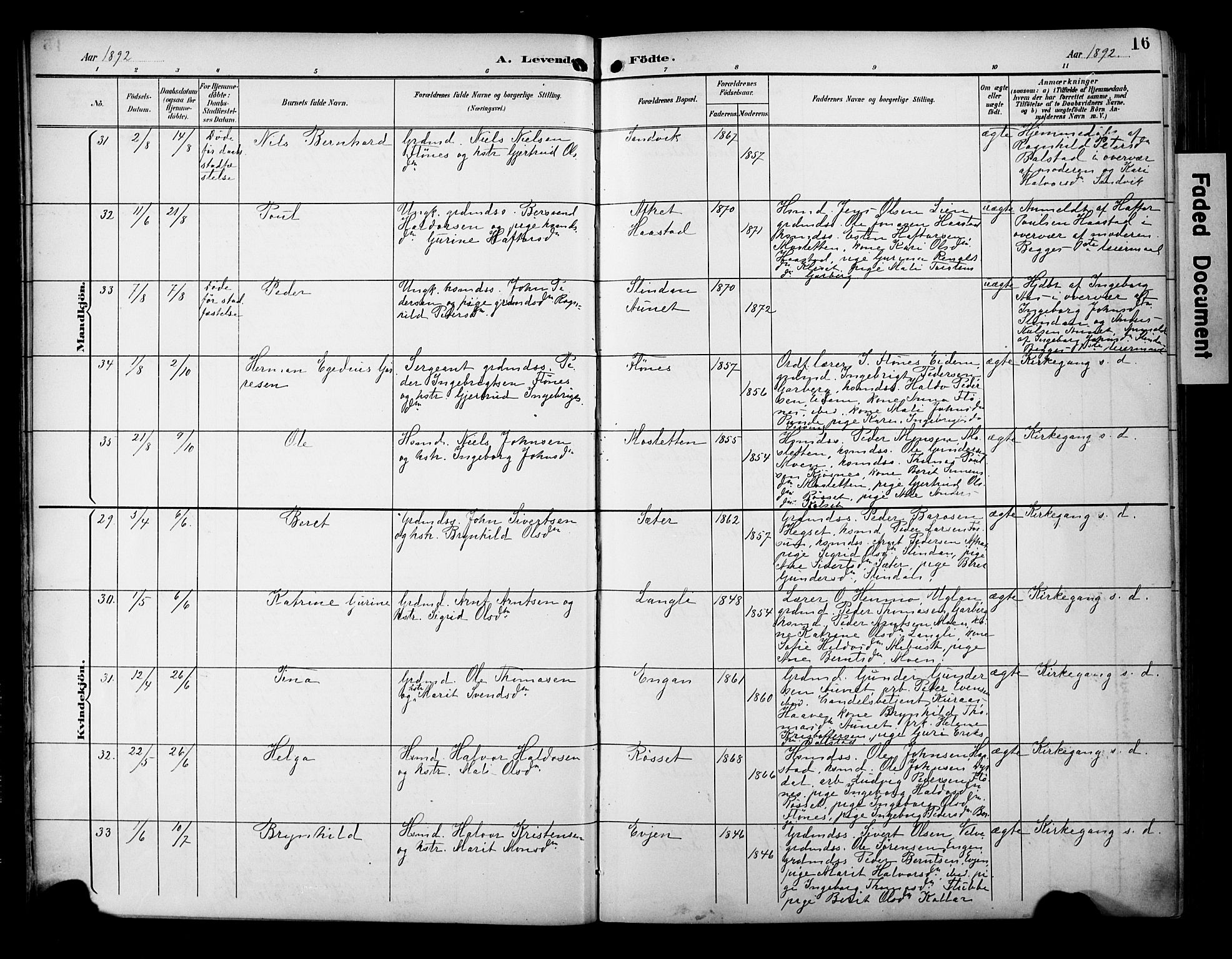 Ministerialprotokoller, klokkerbøker og fødselsregistre - Sør-Trøndelag, AV/SAT-A-1456/695/L1149: Ministerialbok nr. 695A09, 1891-1902, s. 16