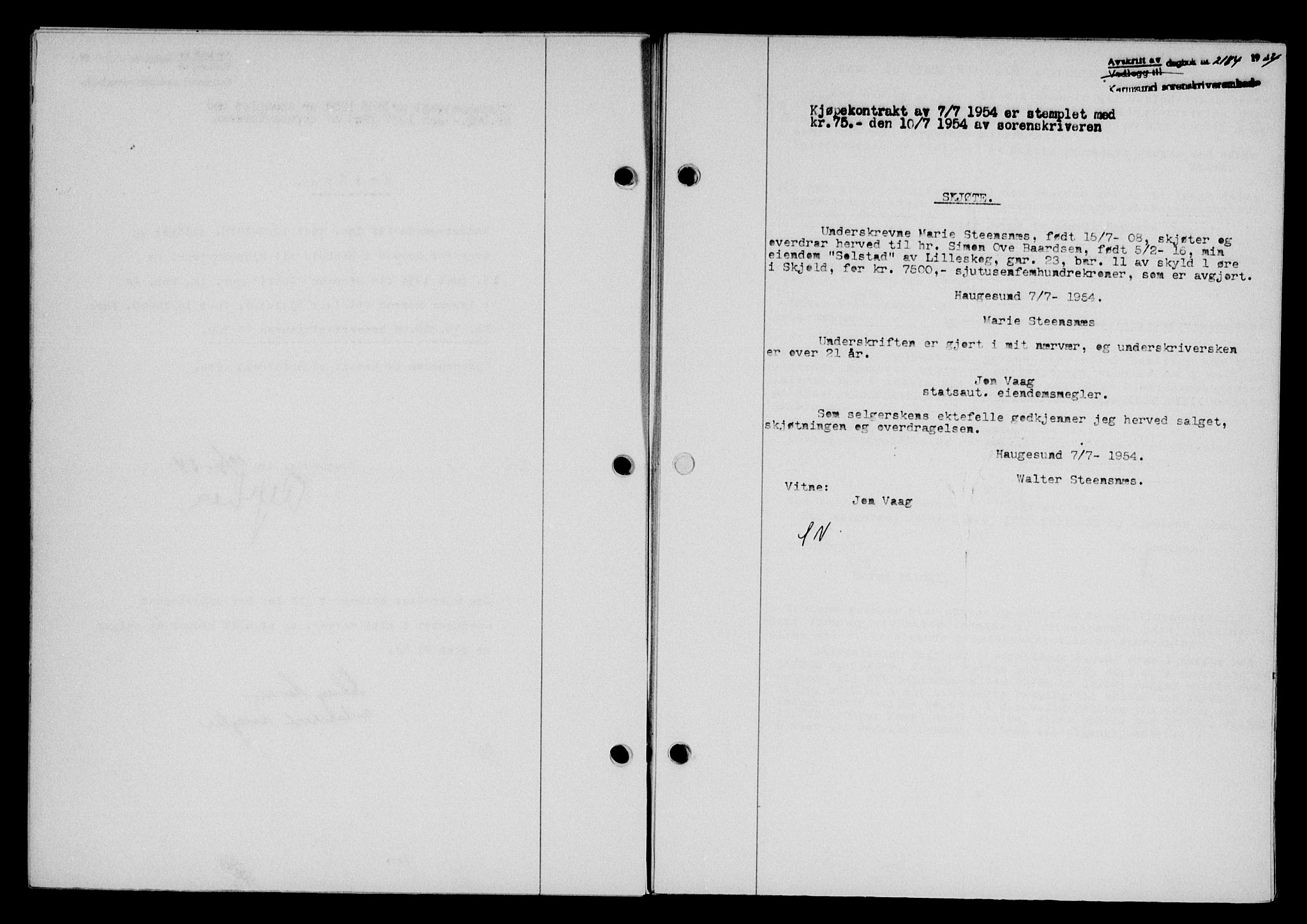 Karmsund sorenskriveri, SAST/A-100311/01/II/IIB/L0113: Pantebok nr. 93A, 1954-1954, Dagboknr: 2184/1954