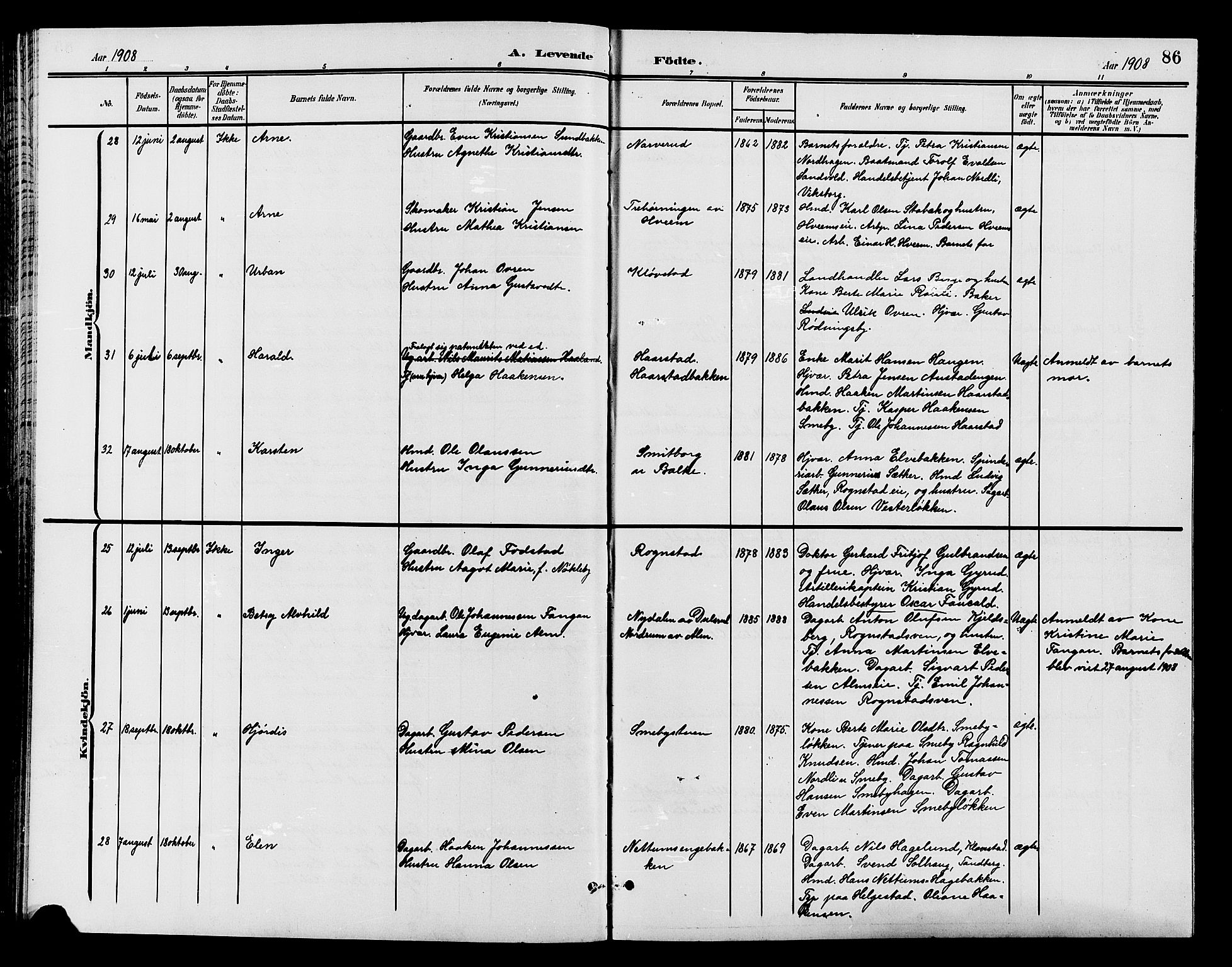 Østre Toten prestekontor, AV/SAH-PREST-104/H/Ha/Hab/L0007: Klokkerbok nr. 7, 1901-1912, s. 86