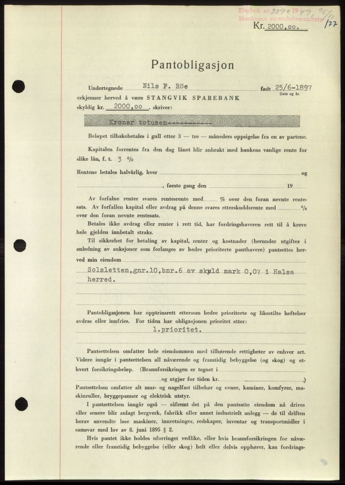 Nordmøre sorenskriveri, SAT/A-4132/1/2/2Ca: Pantebok nr. B103, 1949-1950, Dagboknr: 3292/1949