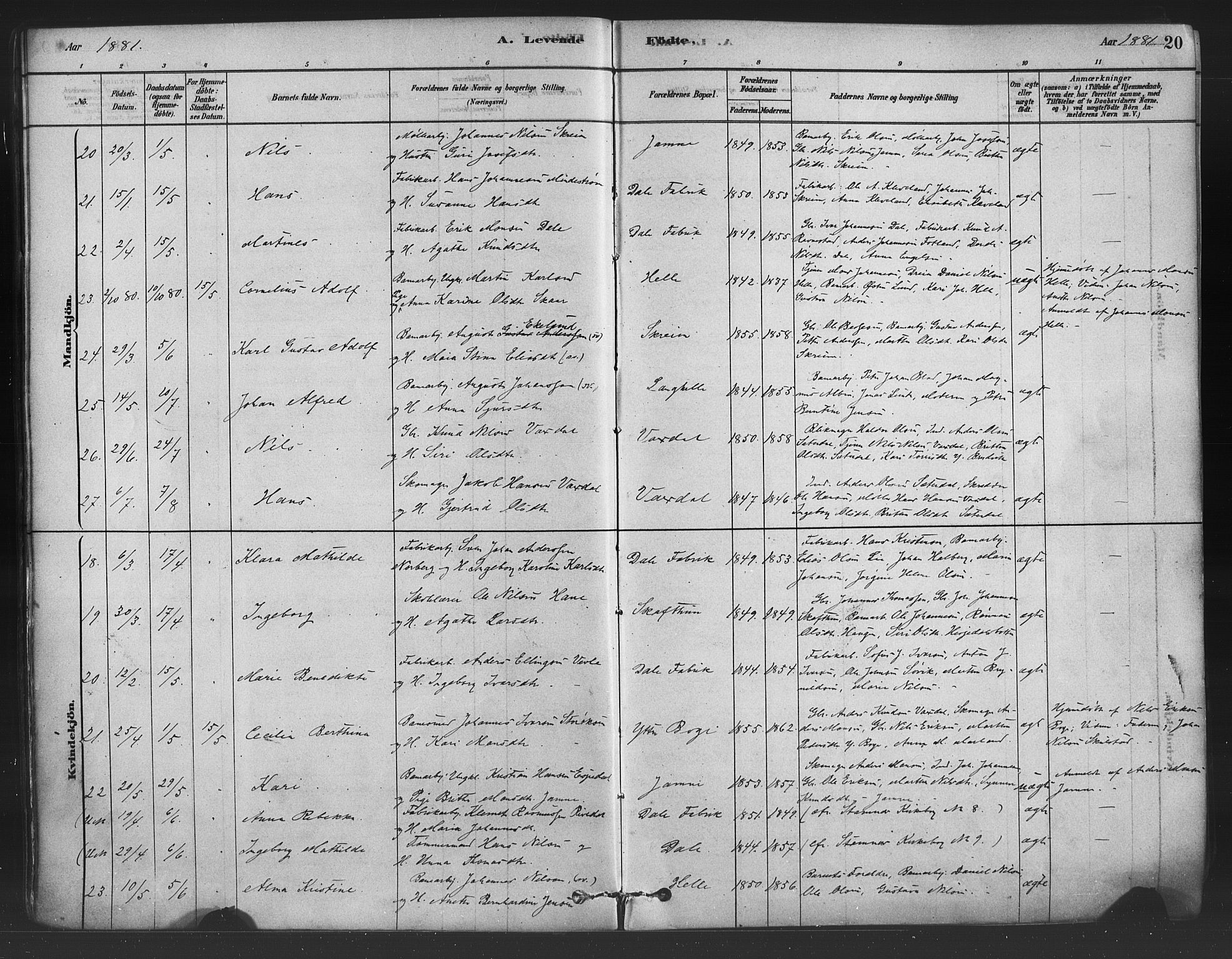 Bruvik Sokneprestembete, AV/SAB-A-74701/H/Haa: Ministerialbok nr. B 1, 1878-1904, s. 20