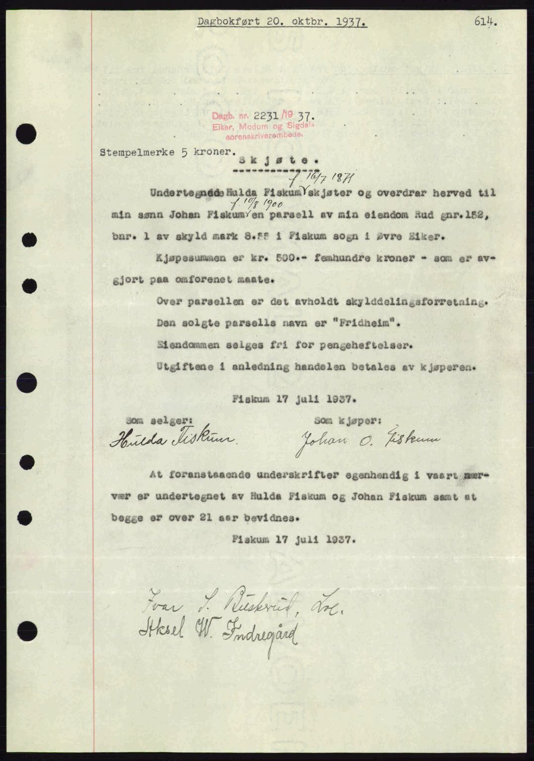 Eiker, Modum og Sigdal sorenskriveri, SAKO/A-123/G/Ga/Gab/L0036: Pantebok nr. A6, 1937-1937, Dagboknr: 2231/1937