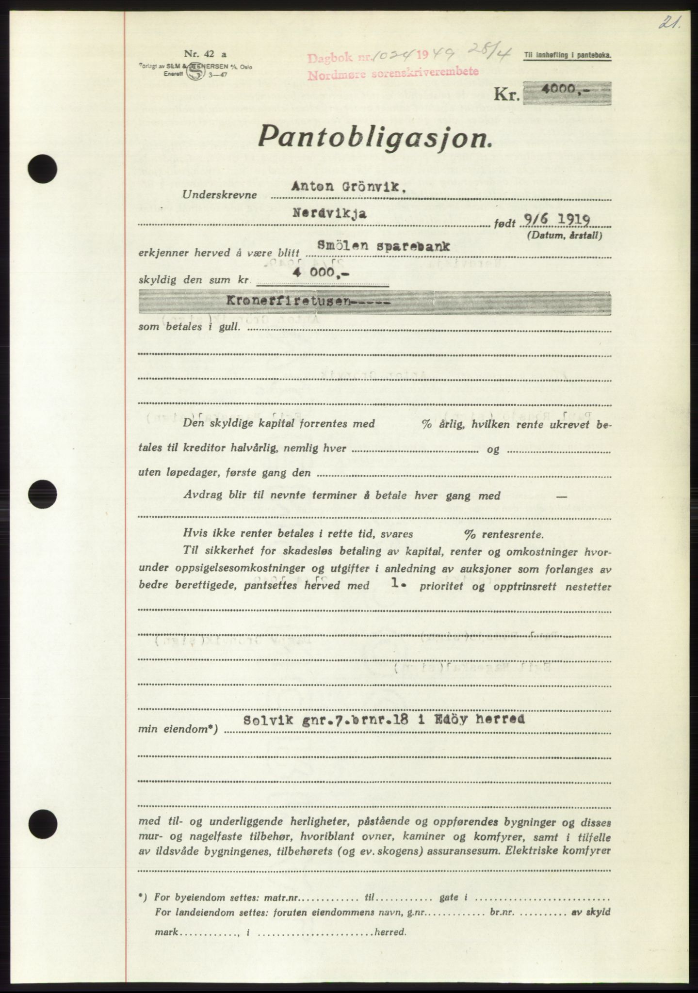 Nordmøre sorenskriveri, SAT/A-4132/1/2/2Ca: Pantebok nr. B101, 1949-1949, Dagboknr: 1024/1949