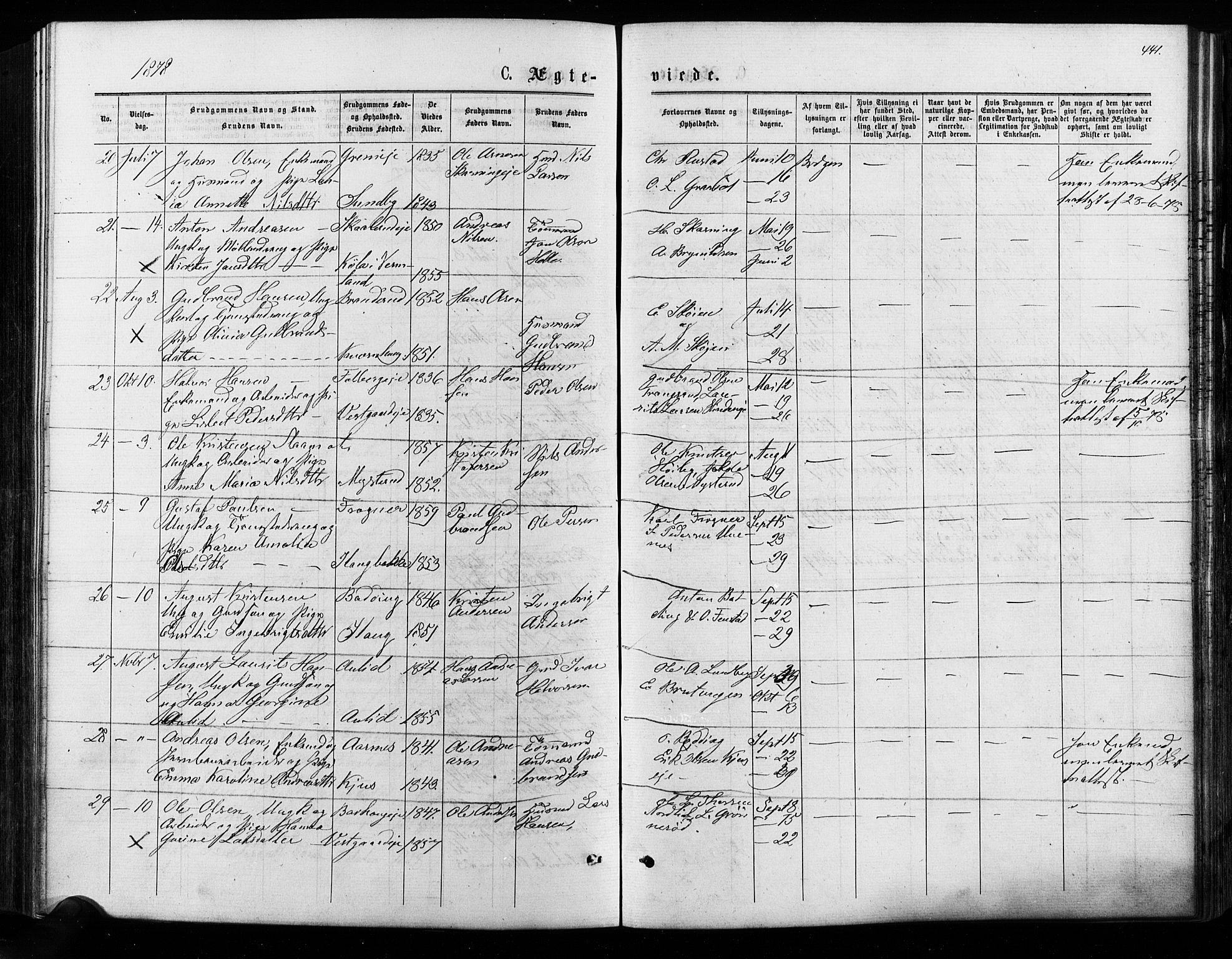 Nes prestekontor Kirkebøker, AV/SAO-A-10410/F/Fa/L0009: Ministerialbok nr. I 9, 1875-1882, s. 441
