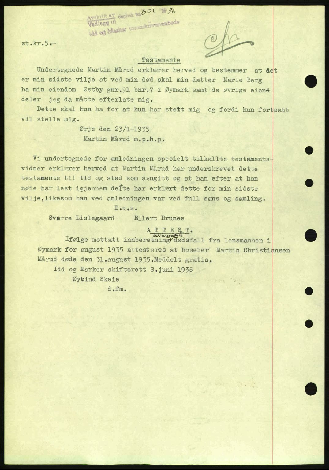 Idd og Marker sorenskriveri, AV/SAO-A-10283/G/Gb/Gbb/L0001: Pantebok nr. A1, 1936-1937, Dagboknr: 603/1936