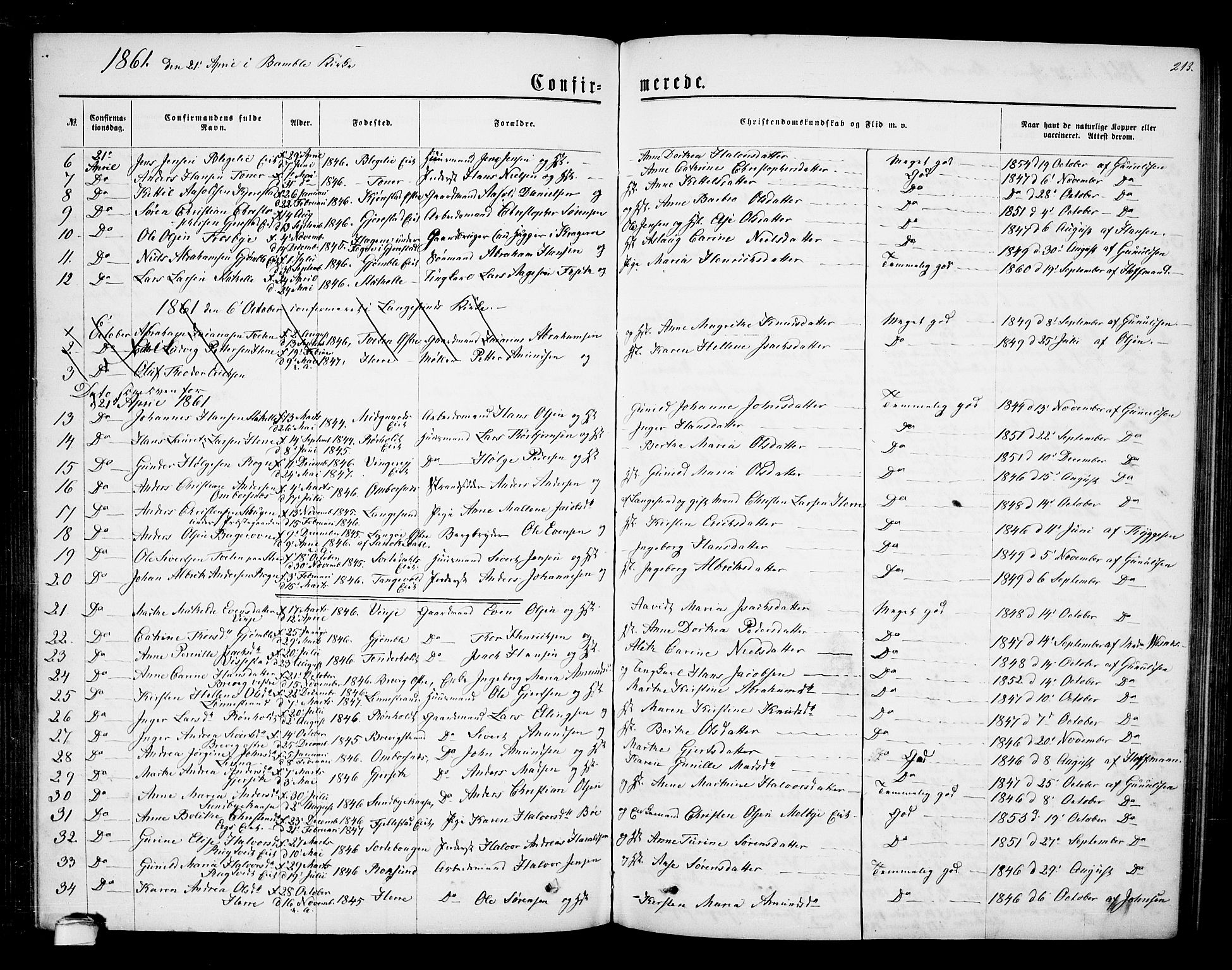 Bamble kirkebøker, AV/SAKO-A-253/G/Ga/L0006: Klokkerbok nr. I 6, 1860-1876, s. 213