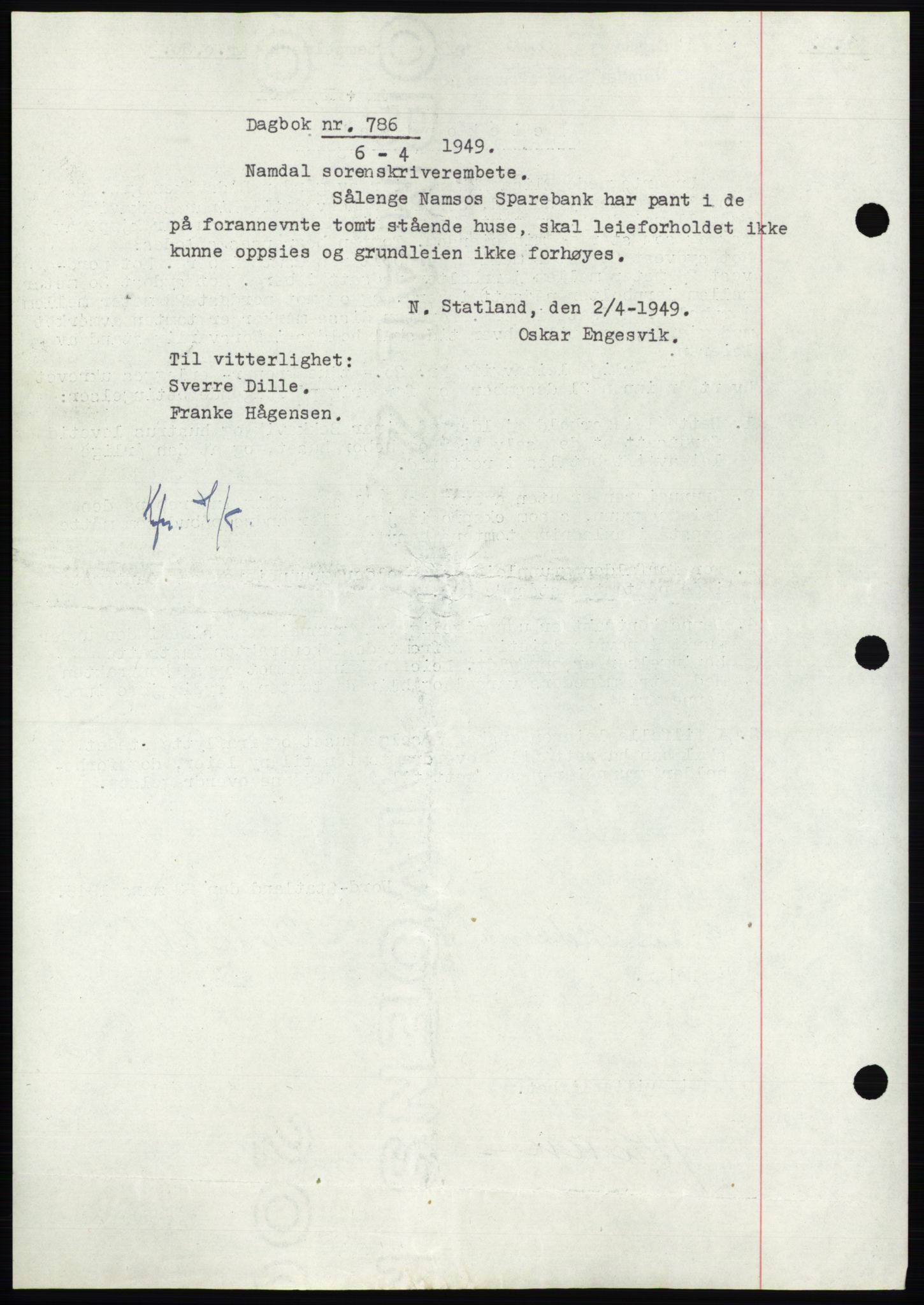 Namdal sorenskriveri, SAT/A-4133/1/2/2C: Pantebok nr. -, 1946-1946, Dagboknr: 786/1946