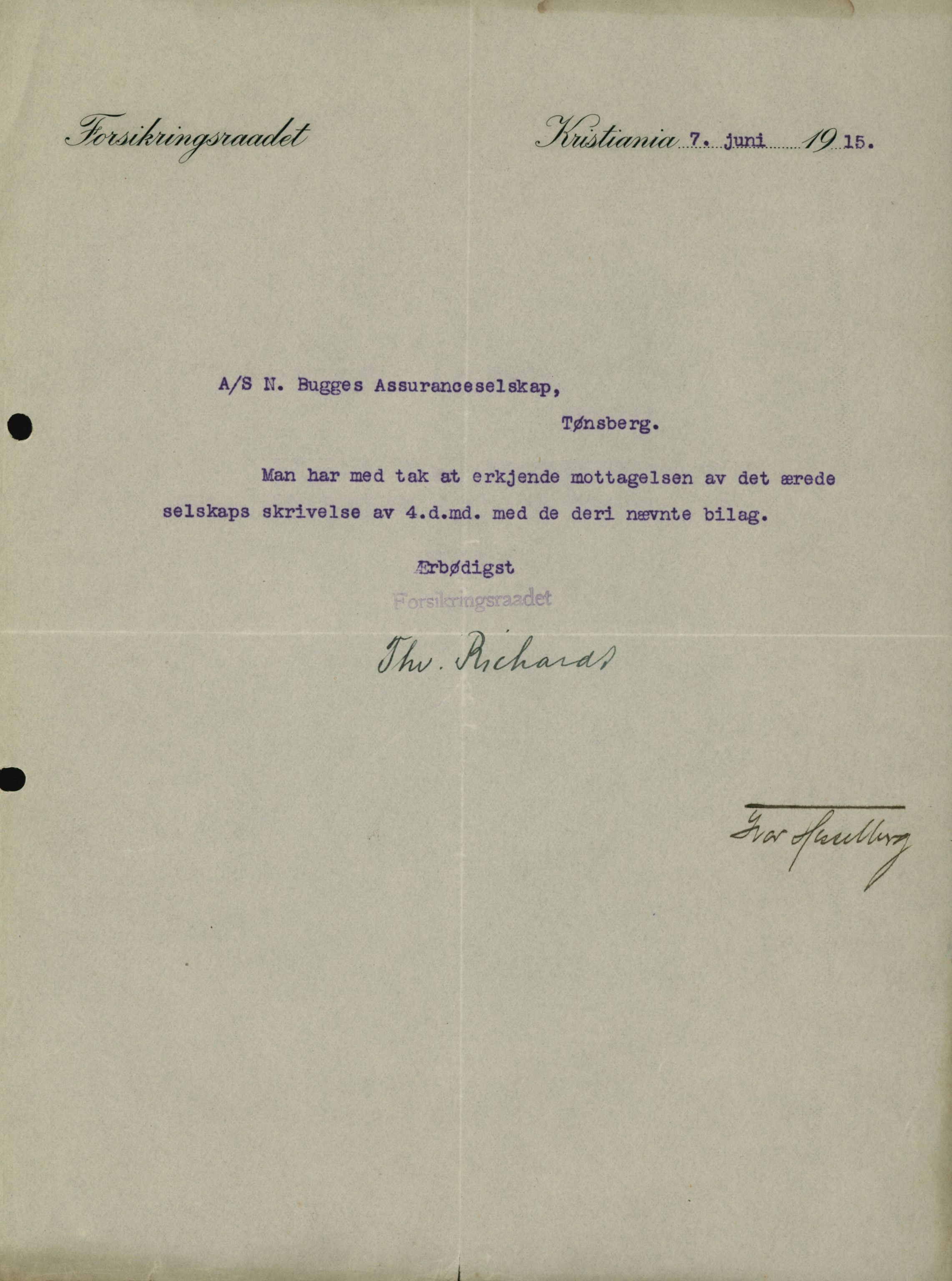 Pa 664 - Tønsberg Sjøforsikringsselskap, VEMU/A-1773/D/Da/L0001: Mai - November
Oscar Aalborg, 1915