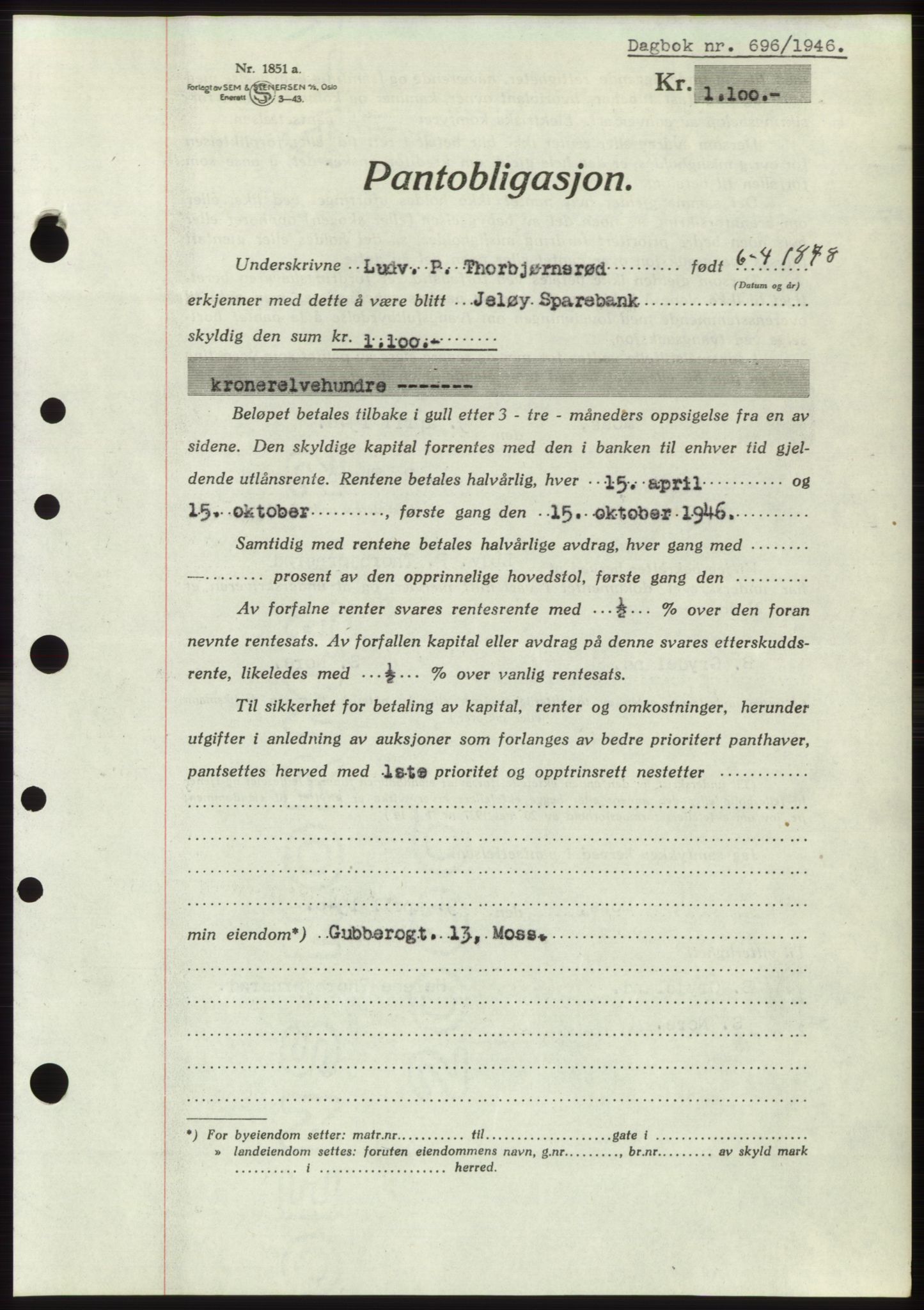 Moss sorenskriveri, SAO/A-10168: Pantebok nr. B15, 1946-1946, Dagboknr: 696/1946