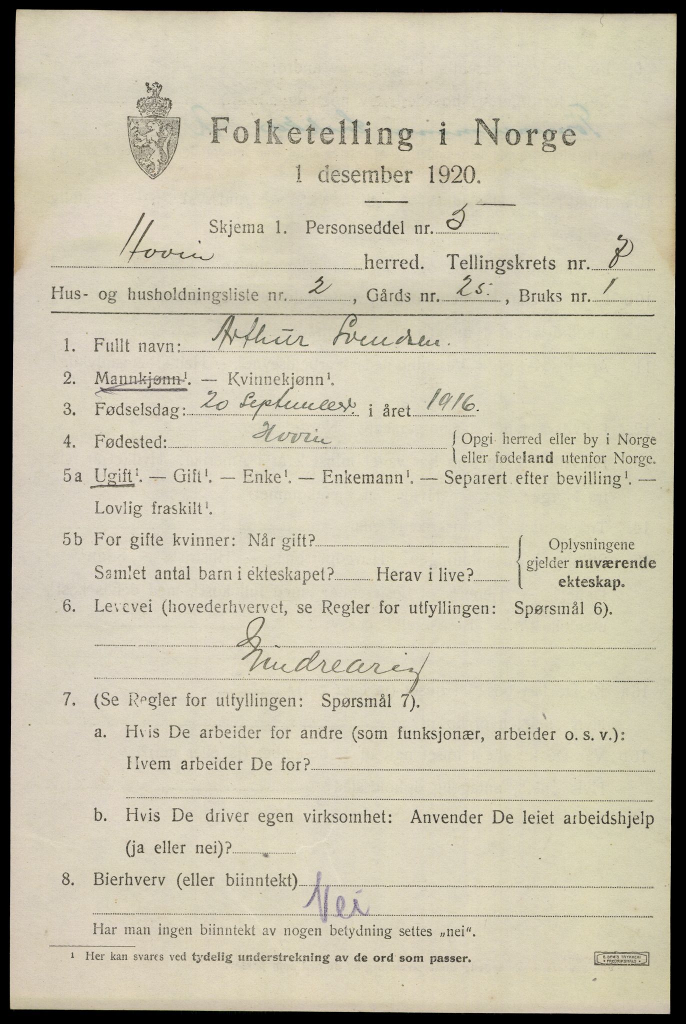SAKO, Folketelling 1920 for 0825 Hovin herred, 1920, s. 1713