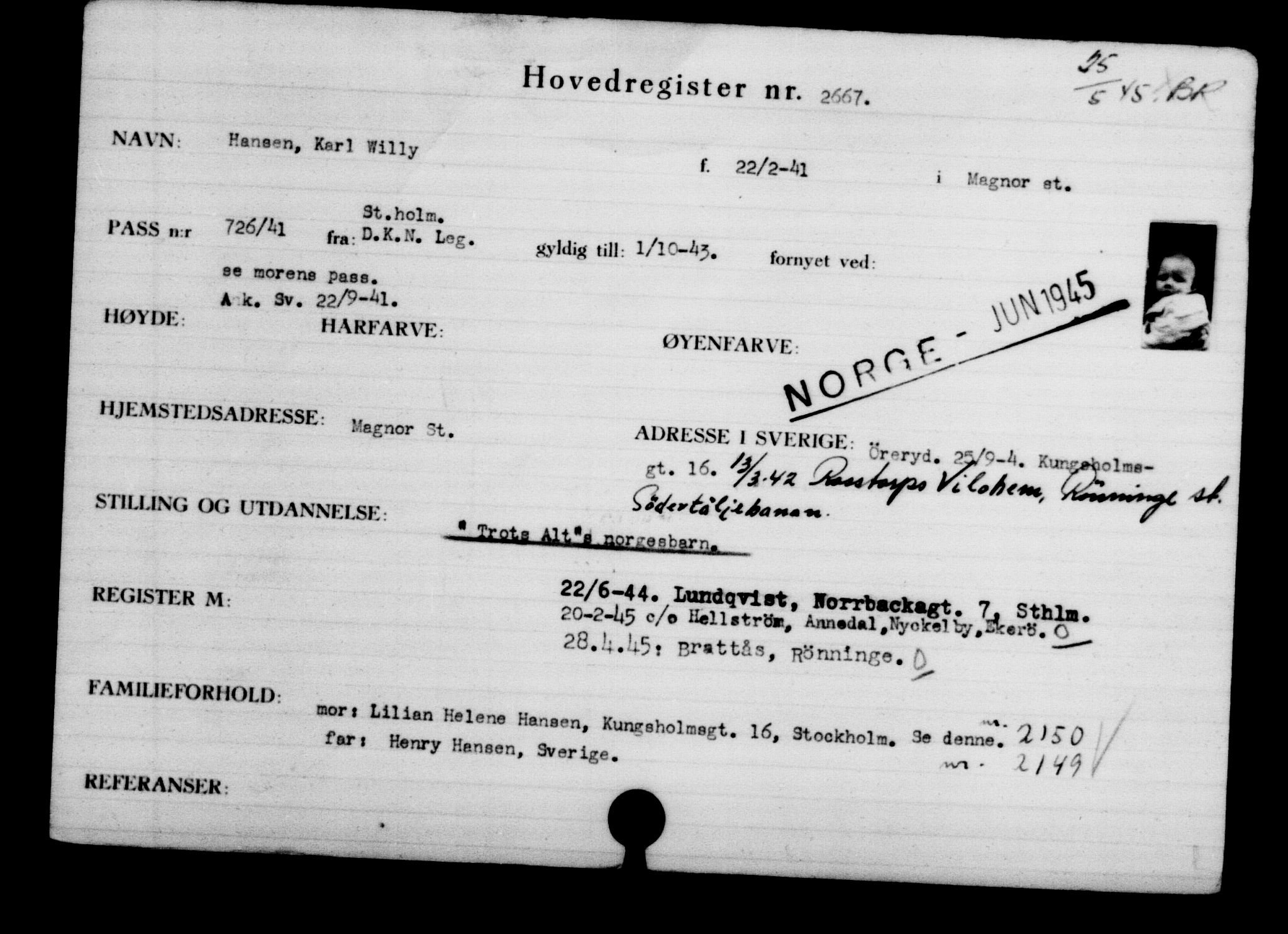 Utenriksstasjonene, Legasjonen i Stockholm, Flyktningkontoret, AV/RA-S-6753/V/Va/L0003: Kjesäterkartoteket, flyktninger med registreringsnr. 2001-3495, 1940-1945, s. 1036