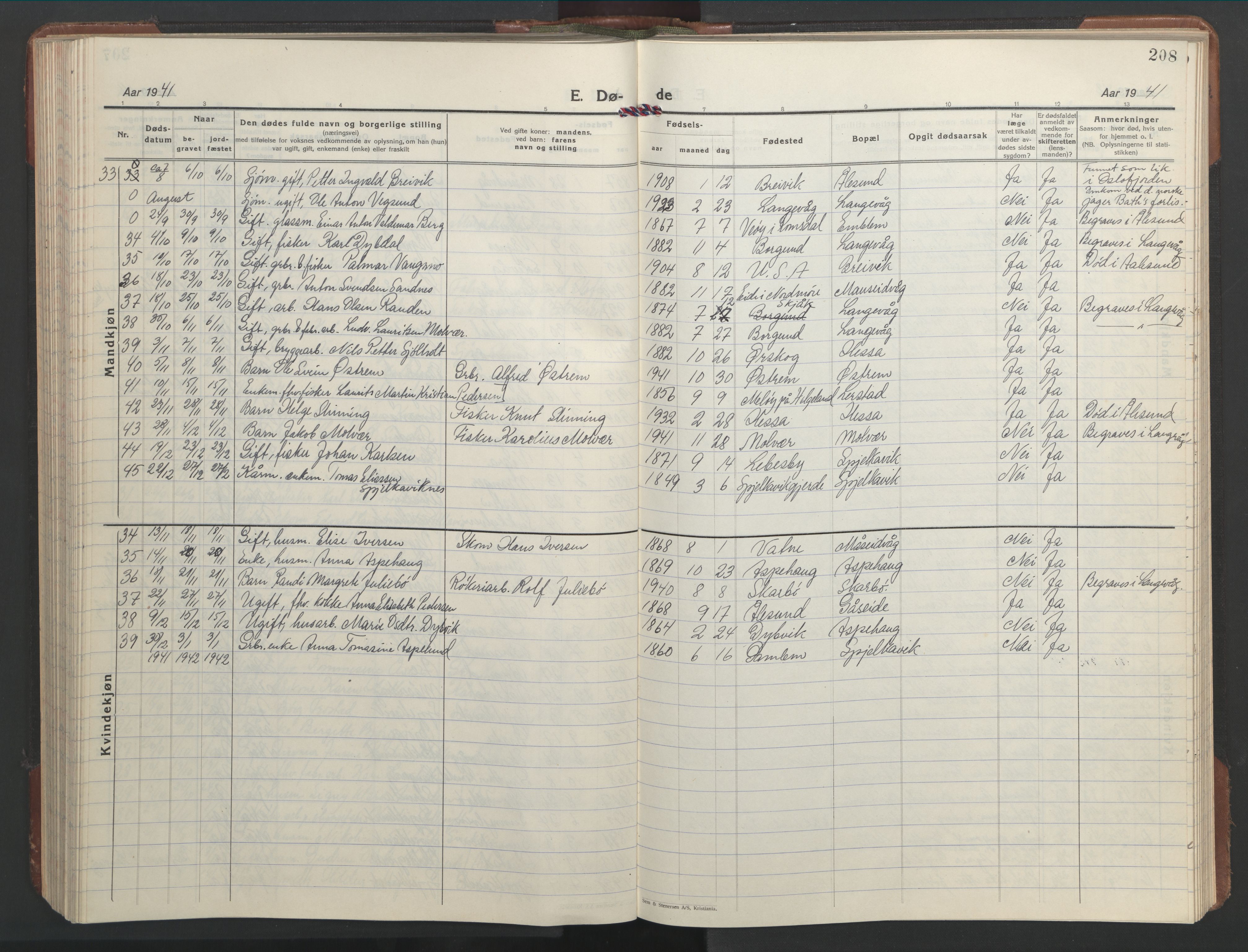 Ministerialprotokoller, klokkerbøker og fødselsregistre - Møre og Romsdal, AV/SAT-A-1454/528/L0435: Klokkerbok nr. 528C16, 1923-1957, s. 208