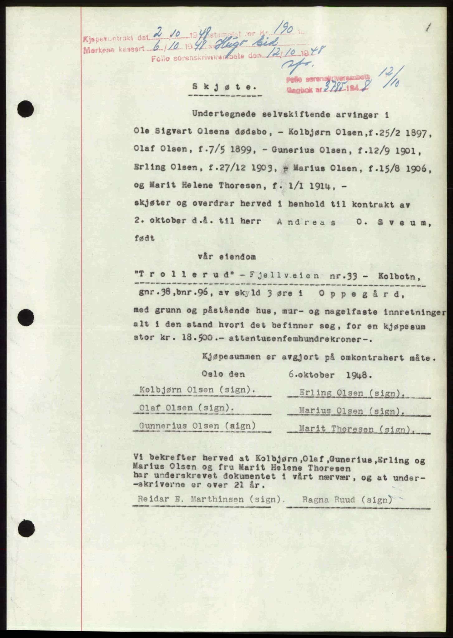 Follo sorenskriveri, SAO/A-10274/G/Ga/Gaa/L0085: Pantebok nr. I 85, 1948-1948, Dagboknr: 3785/1948