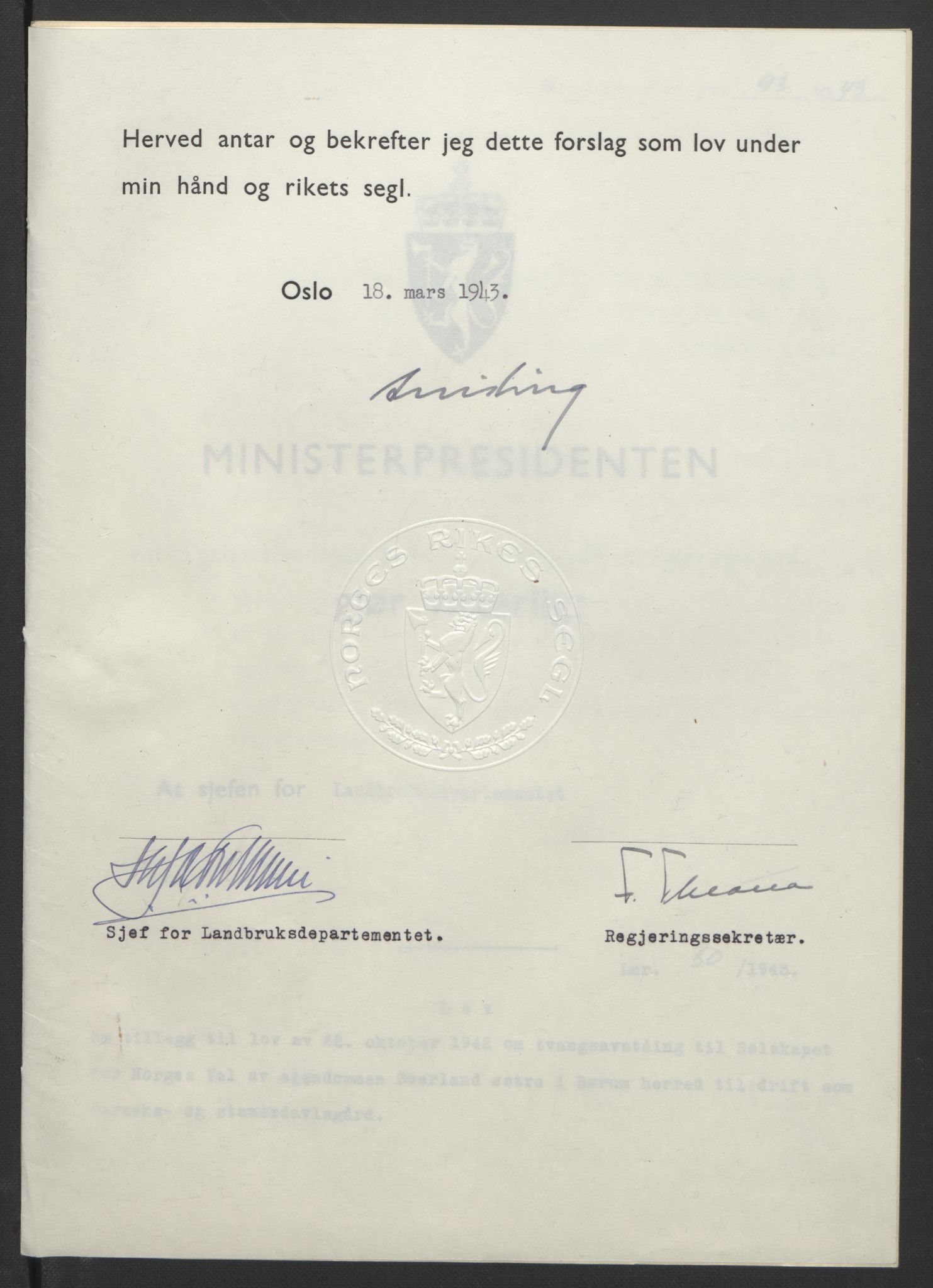 NS-administrasjonen 1940-1945 (Statsrådsekretariatet, de kommisariske statsråder mm), AV/RA-S-4279/D/Db/L0099: Lover, 1943, s. 222