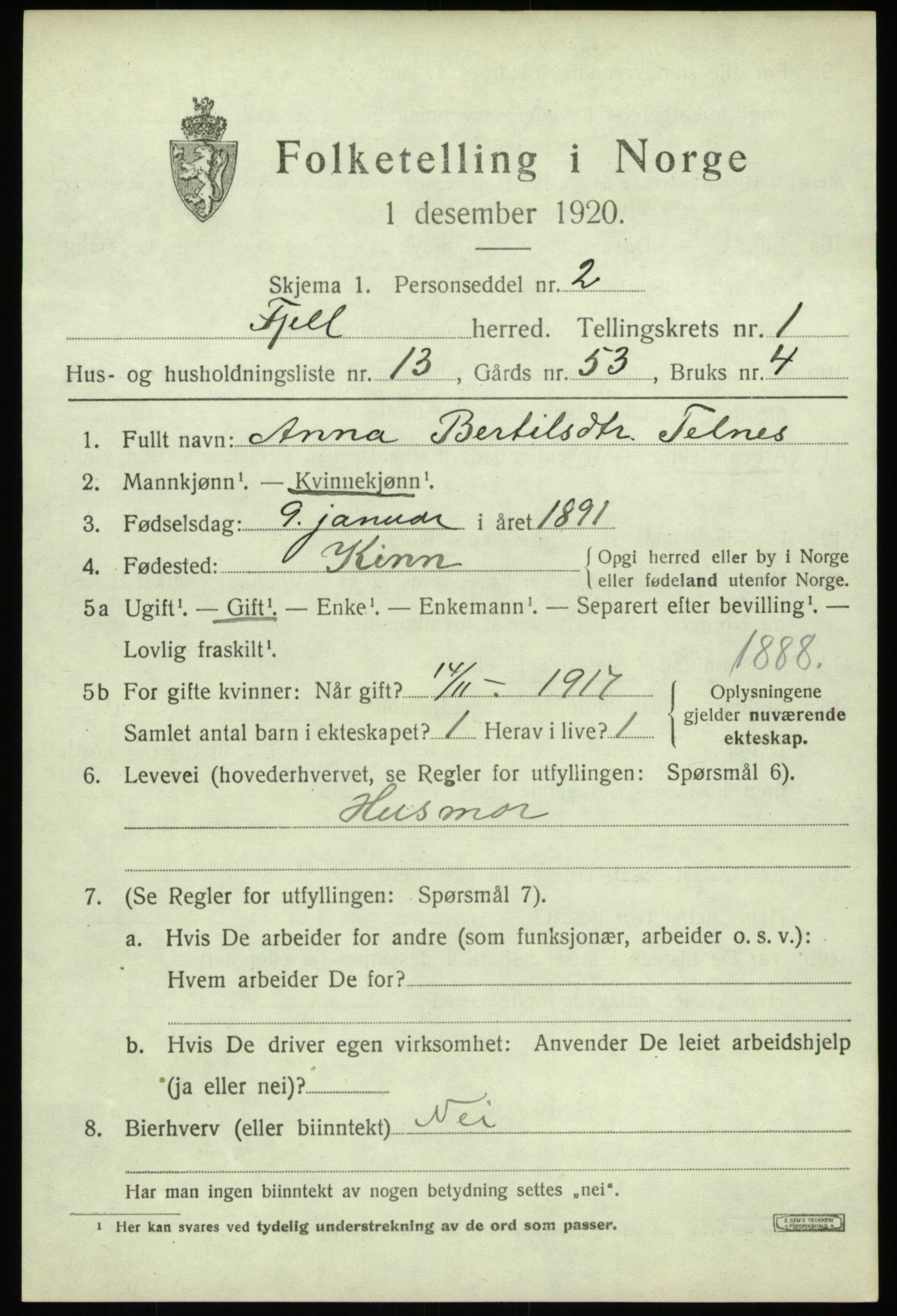 SAB, Folketelling 1920 for 1246 Fjell herred, 1920, s. 1612