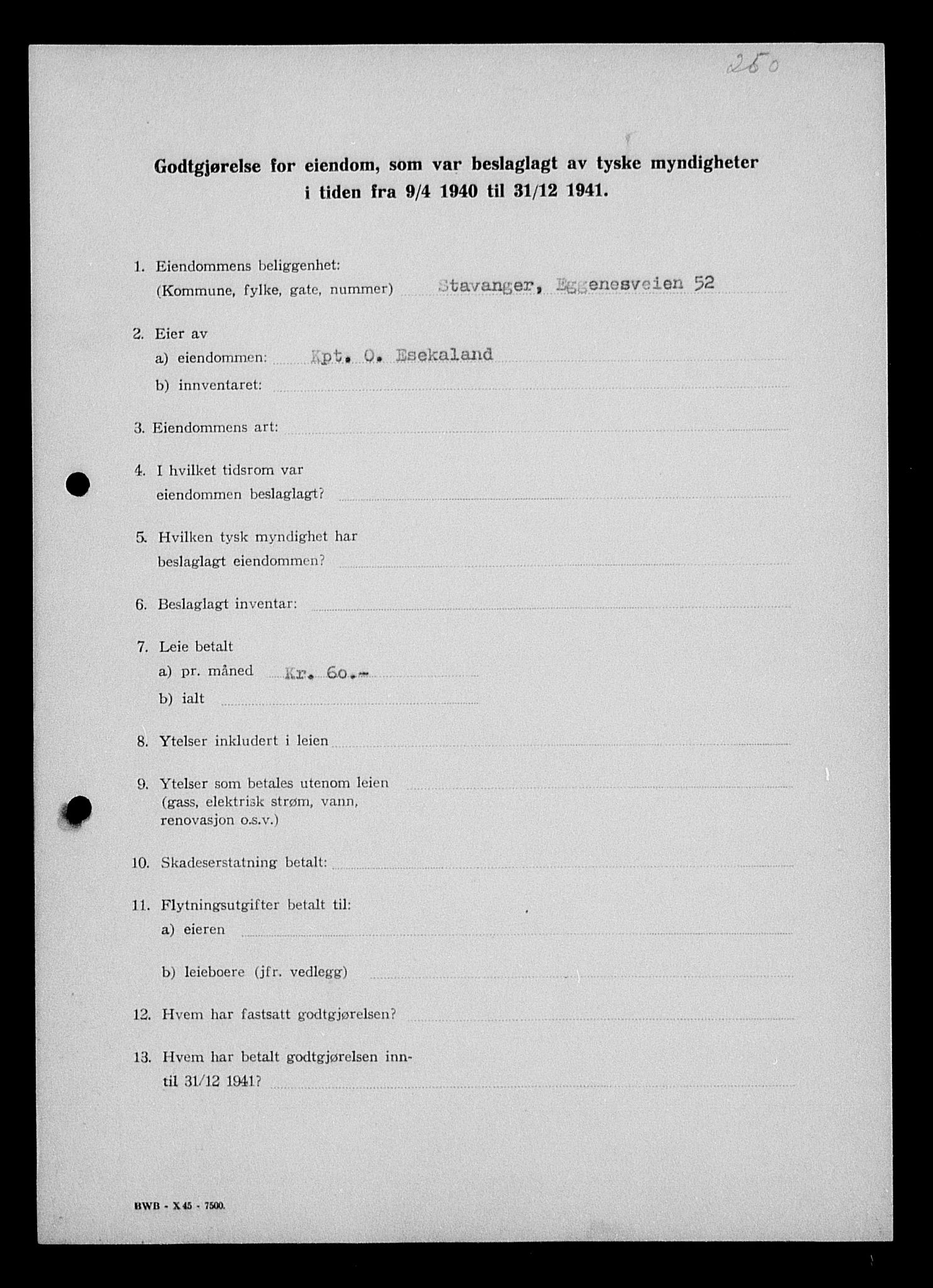 Justisdepartementet, Tilbakeføringskontoret for inndratte formuer, AV/RA-S-1564/I/L1014: Godtgjørelse for beslaglagt eiendom, 1940-1941, s. 32
