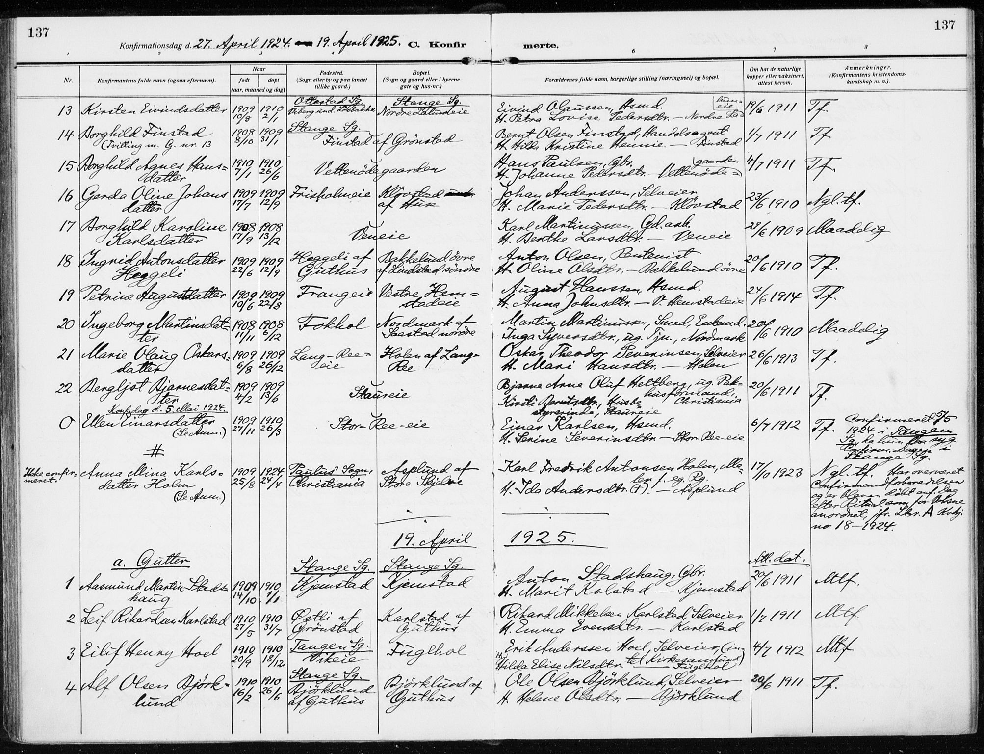 Stange prestekontor, AV/SAH-PREST-002/K/L0026: Ministerialbok nr. 26, 1923-1937, s. 137