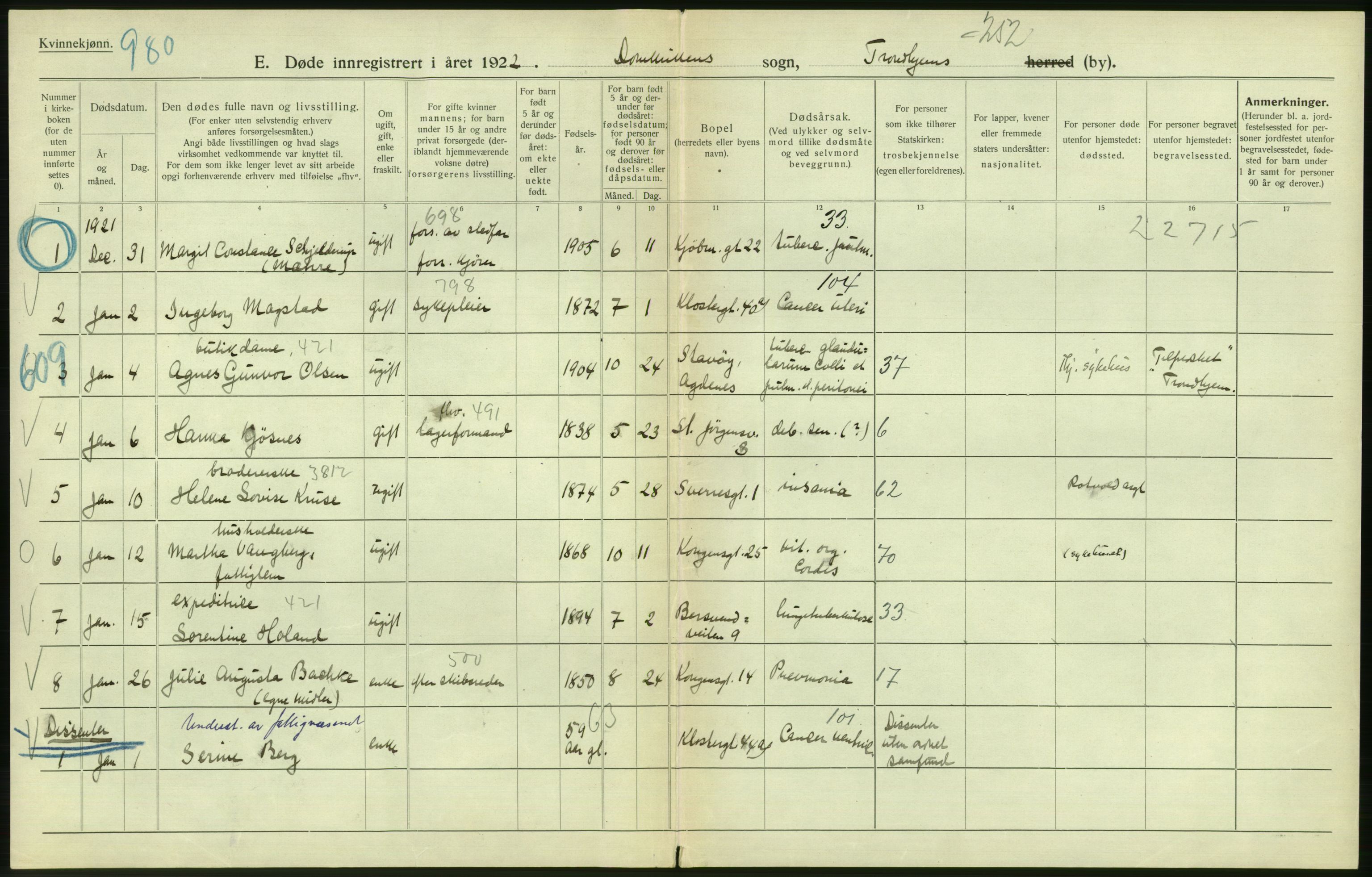 Statistisk sentralbyrå, Sosiodemografiske emner, Befolkning, AV/RA-S-2228/D/Df/Dfc/Dfcb/L0040: Trondheim: Gifte, døde, dødfødte., 1922, s. 208