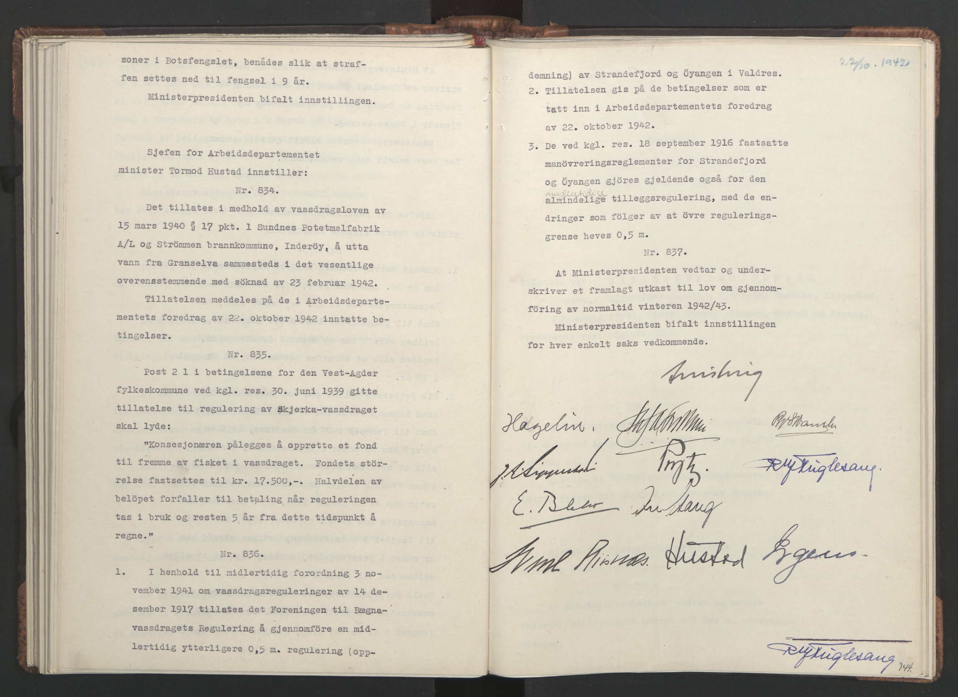 NS-administrasjonen 1940-1945 (Statsrådsekretariatet, de kommisariske statsråder mm), RA/S-4279/D/Da/L0001: Beslutninger og tillegg (1-952 og 1-32), 1942, s. 147