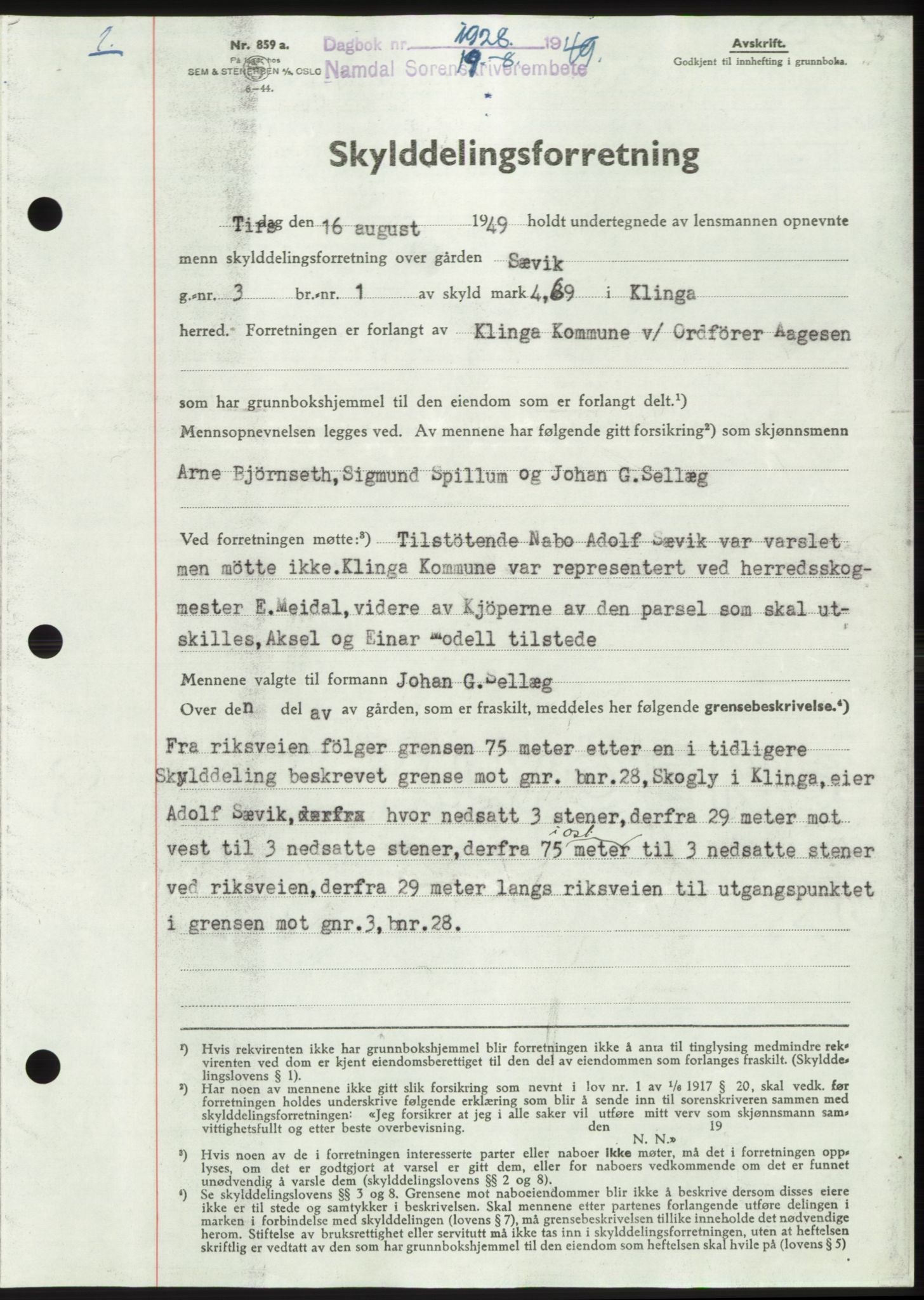 Namdal sorenskriveri, SAT/A-4133/1/2/2C: Pantebok nr. -, 1949-1949, Dagboknr: 1928/1949