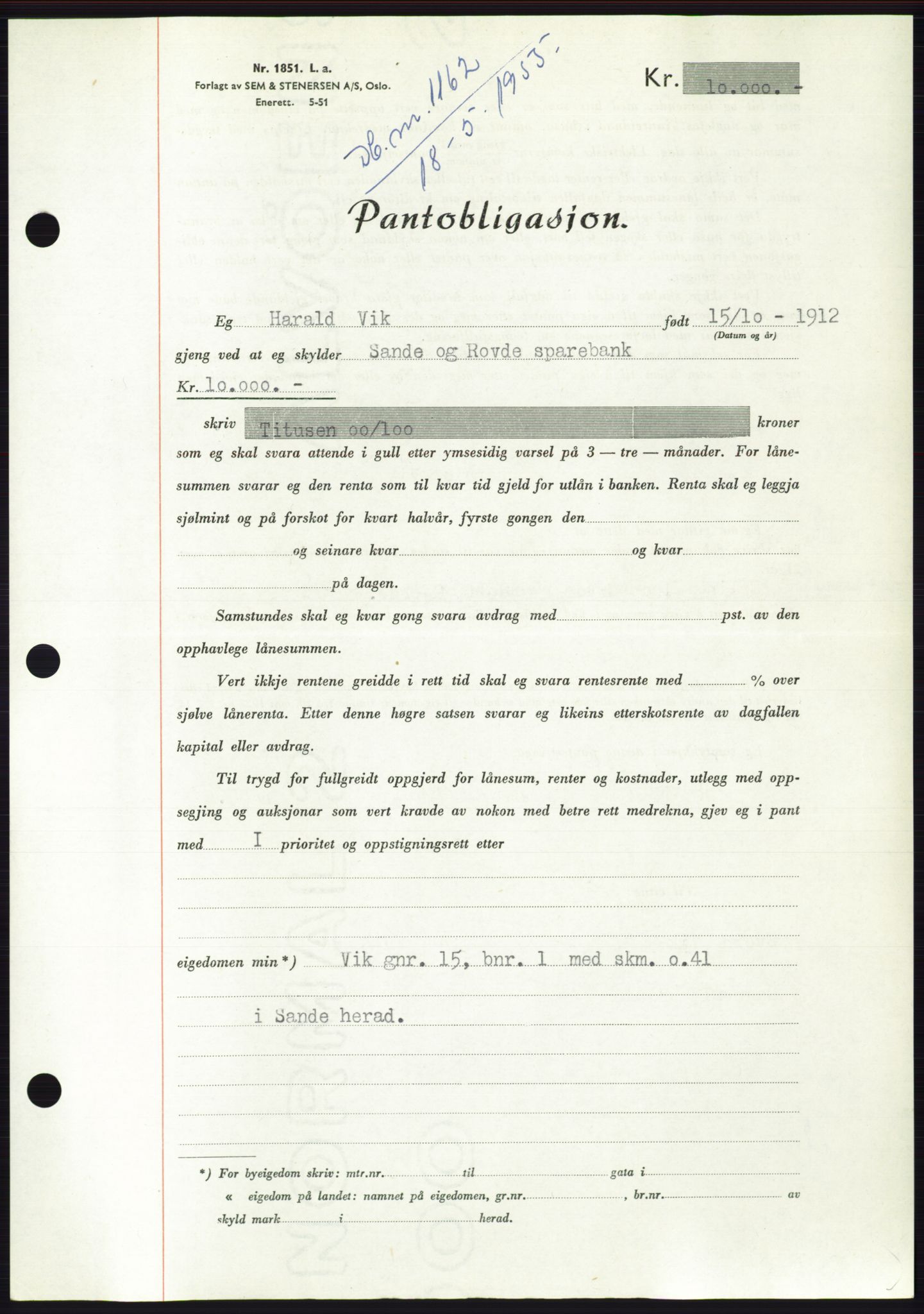 Søre Sunnmøre sorenskriveri, AV/SAT-A-4122/1/2/2C/L0126: Pantebok nr. 14B, 1954-1955, Dagboknr: 1162/1955