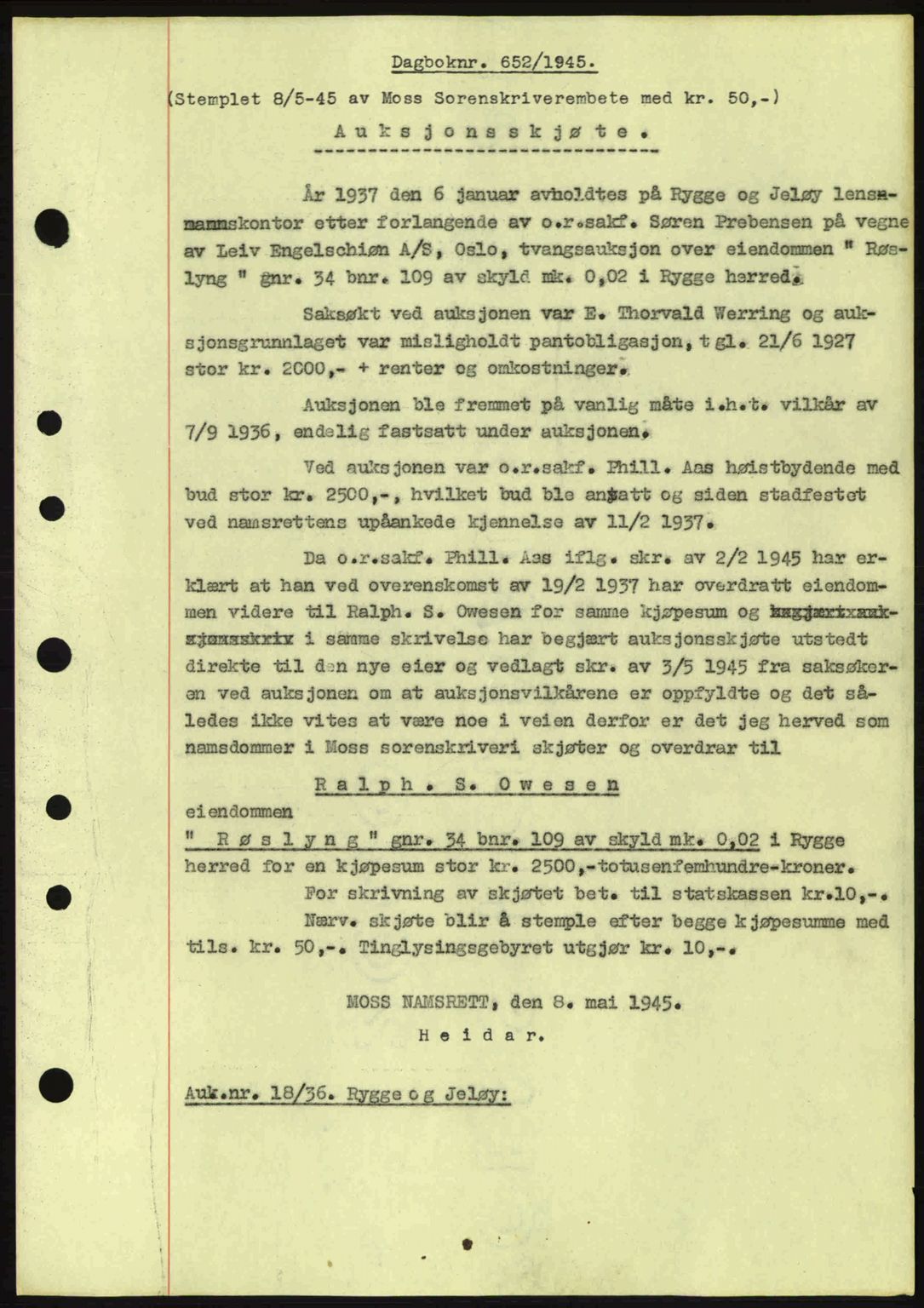Moss sorenskriveri, SAO/A-10168: Pantebok nr. A13, 1944-1945, Dagboknr: 652/1945