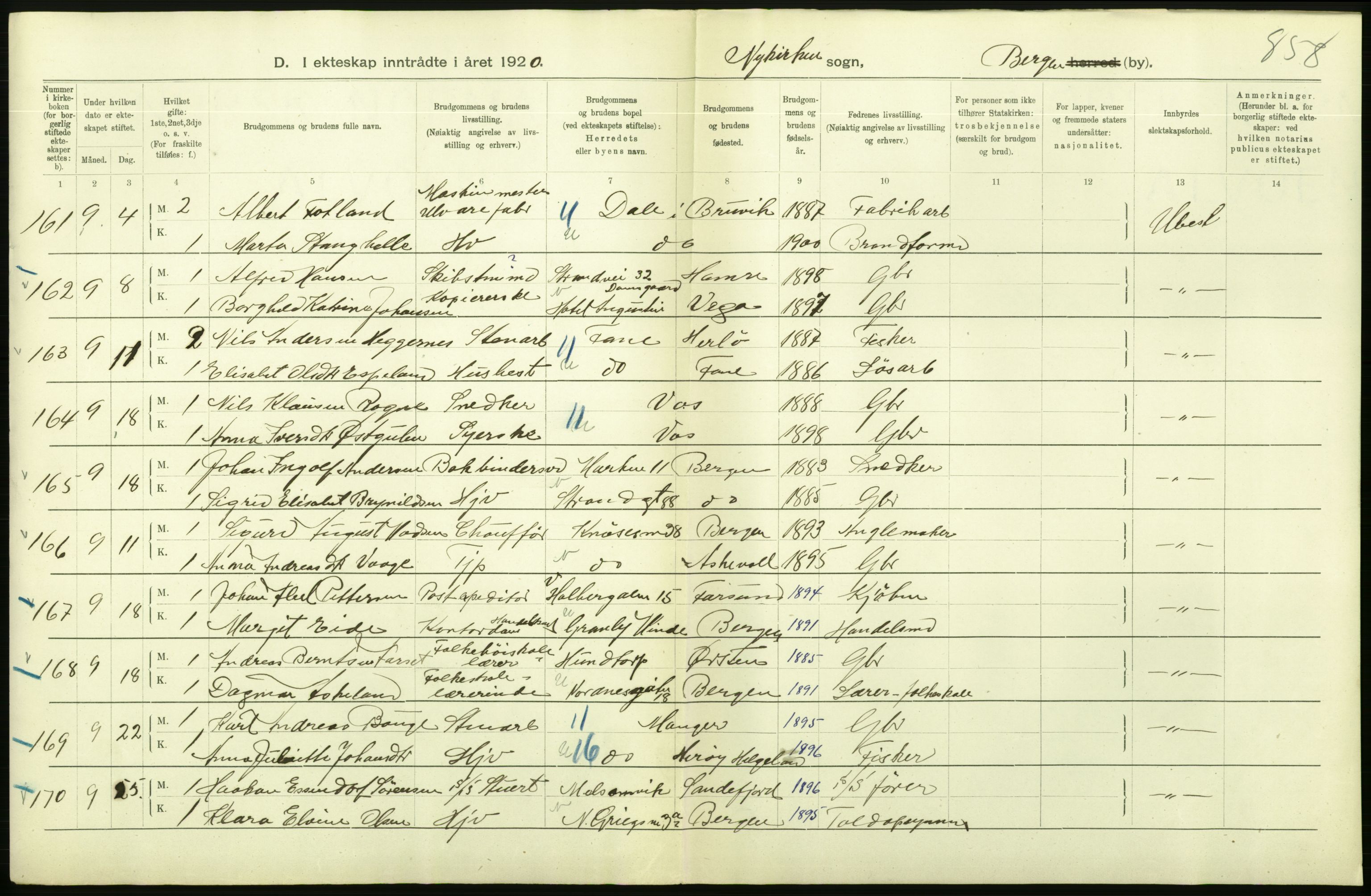 Statistisk sentralbyrå, Sosiodemografiske emner, Befolkning, AV/RA-S-2228/D/Df/Dfb/Dfbj/L0042: Bergen: Gifte, døde, dødfødte., 1920, s. 118