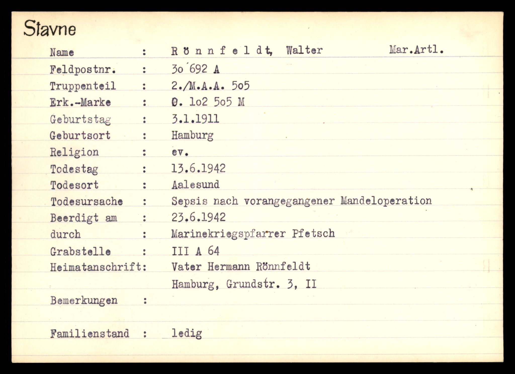 Distriktskontoret for krigsgraver, AV/SAT-A-5030/E/L0003: Kasett/kartotek over tysk Krigskirkegård Stavne, 1945, s. 1175