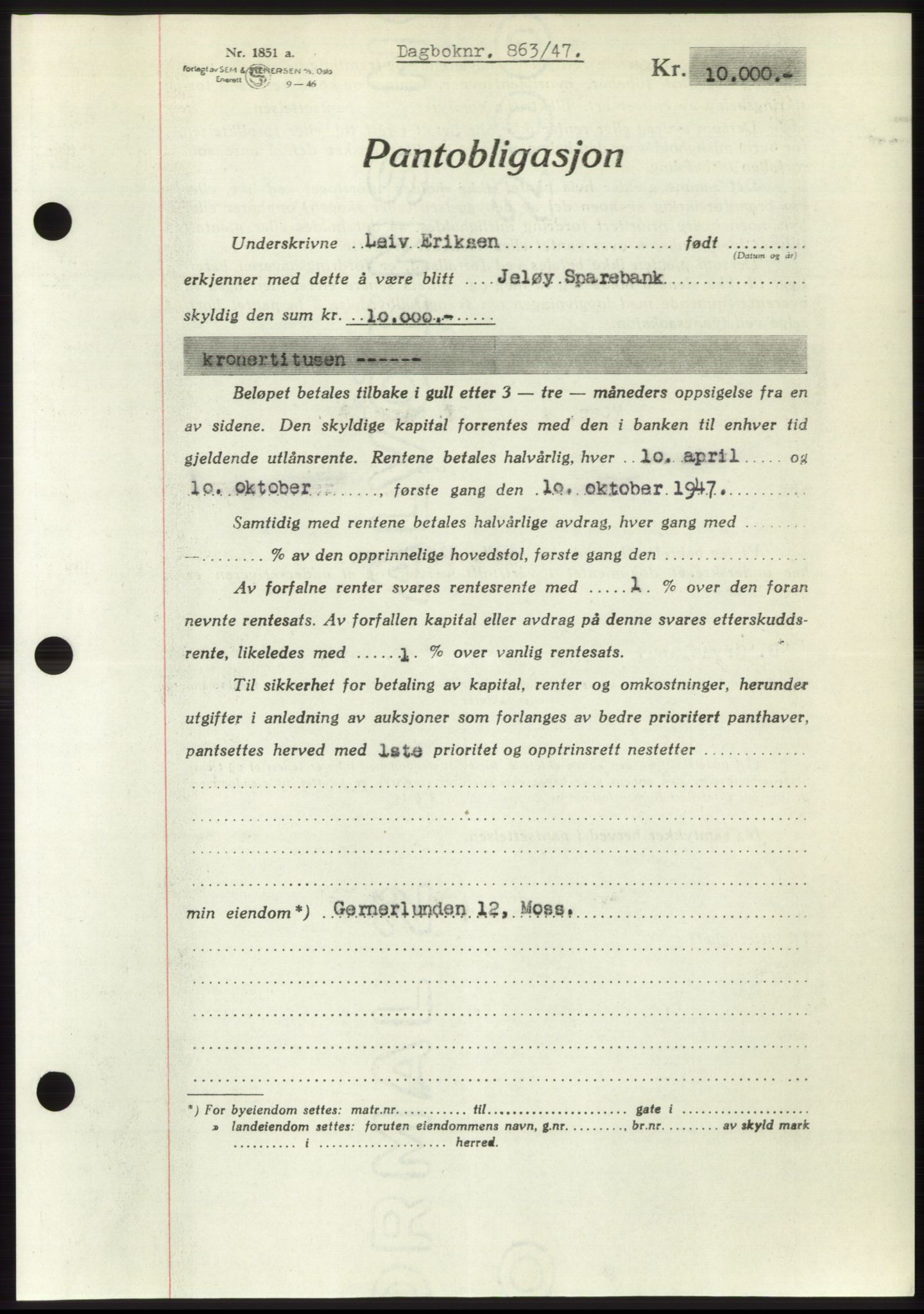 Moss sorenskriveri, SAO/A-10168: Pantebok nr. B17, 1947-1947, Dagboknr: 863/1947