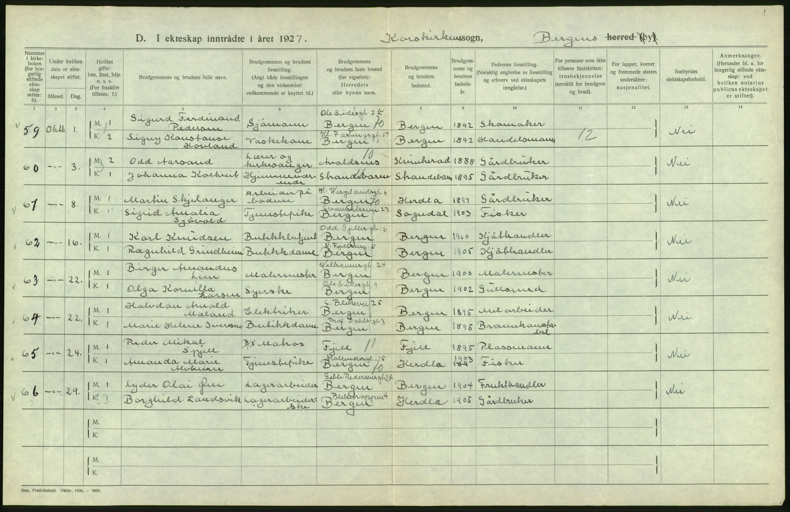 Statistisk sentralbyrå, Sosiodemografiske emner, Befolkning, AV/RA-S-2228/D/Df/Dfc/Dfcg/L0028: Bergen: Gifte, døde., 1927, s. 58