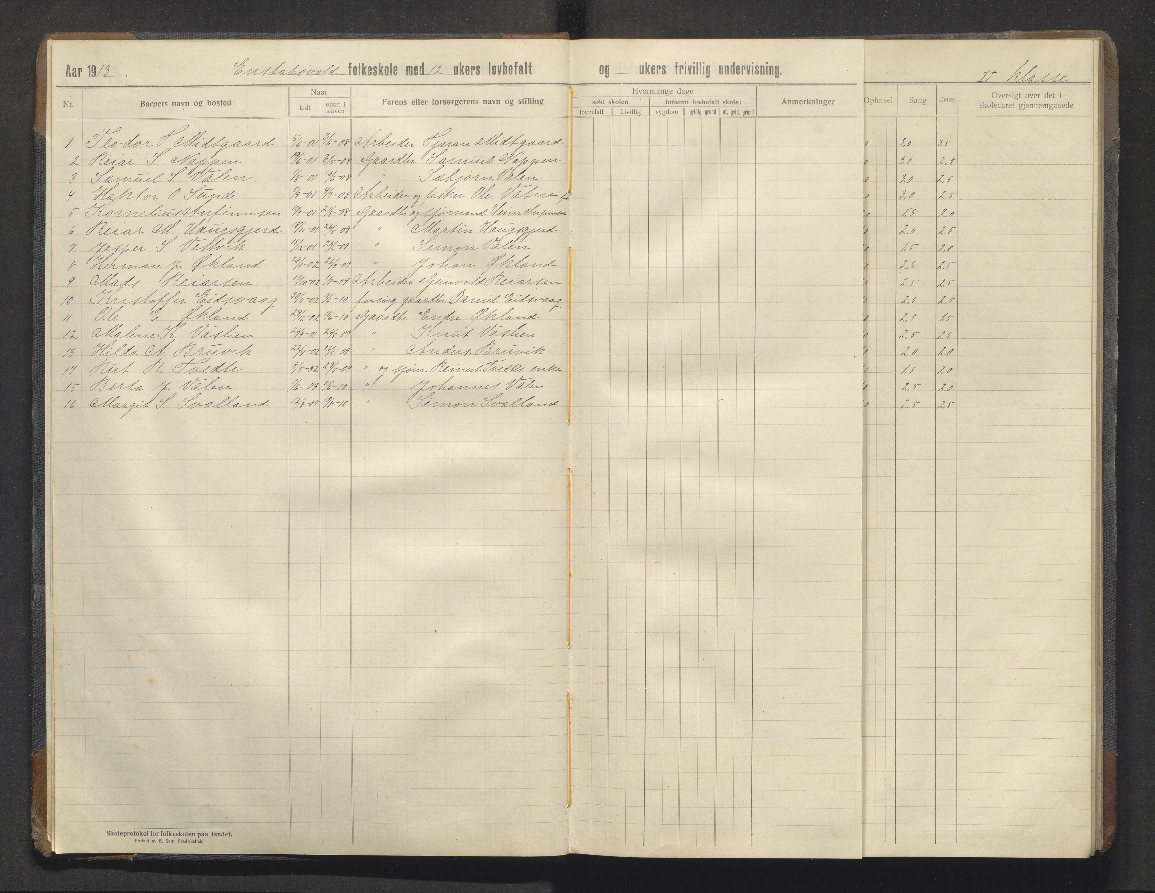 Valestrand kommune. Barneskulane, IKAH/1217-231/F/Fa/L0009: Skuleprotokoll for Enstabøvoll folkeskule, 1913-1928