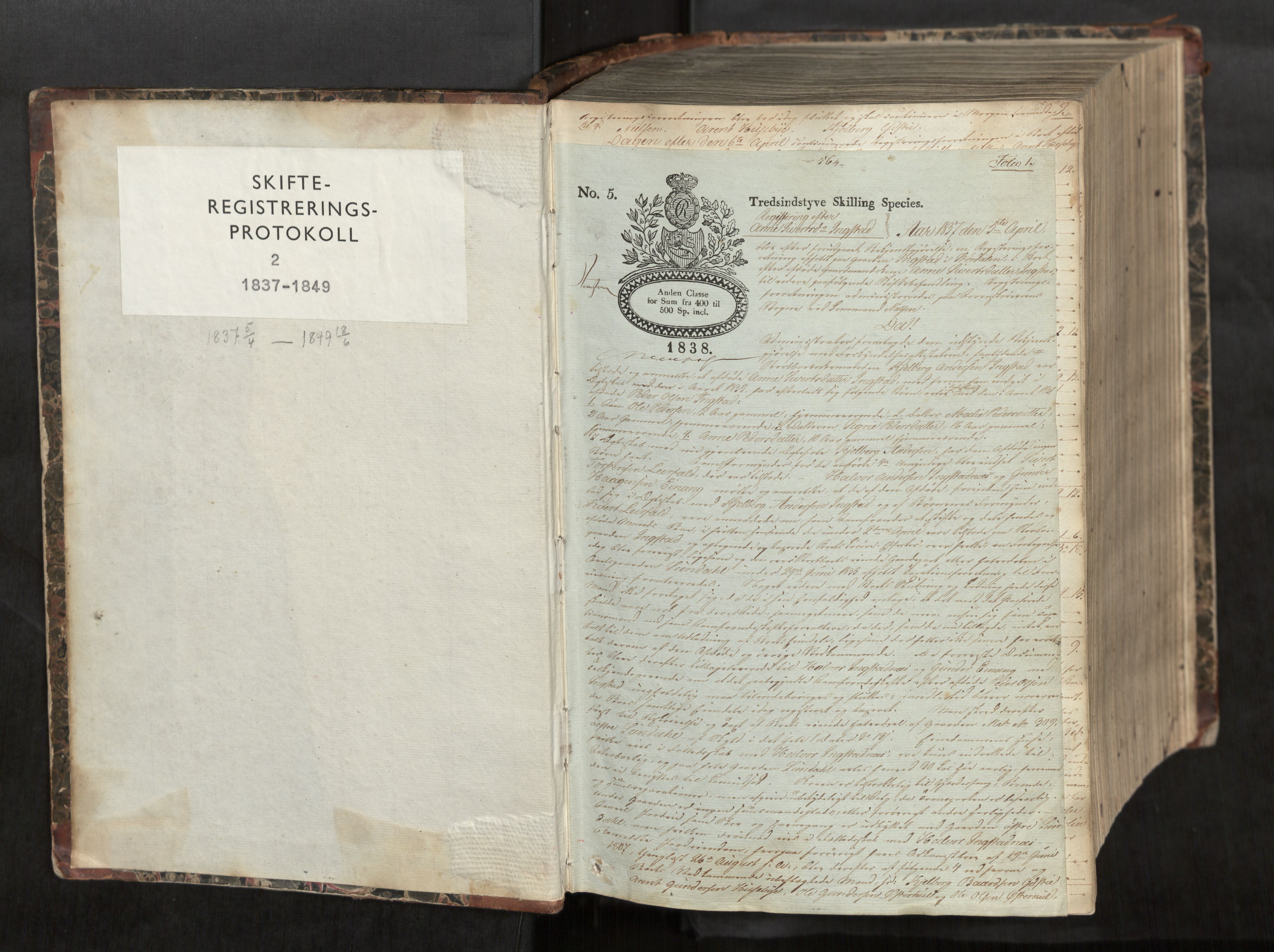 Stjør- og Verdal sorenskriveri, AV/SAT-A-4167/1/3/3Ca/L0002: Skifteregistreringsprotokoll, 1837-1849, s. 1