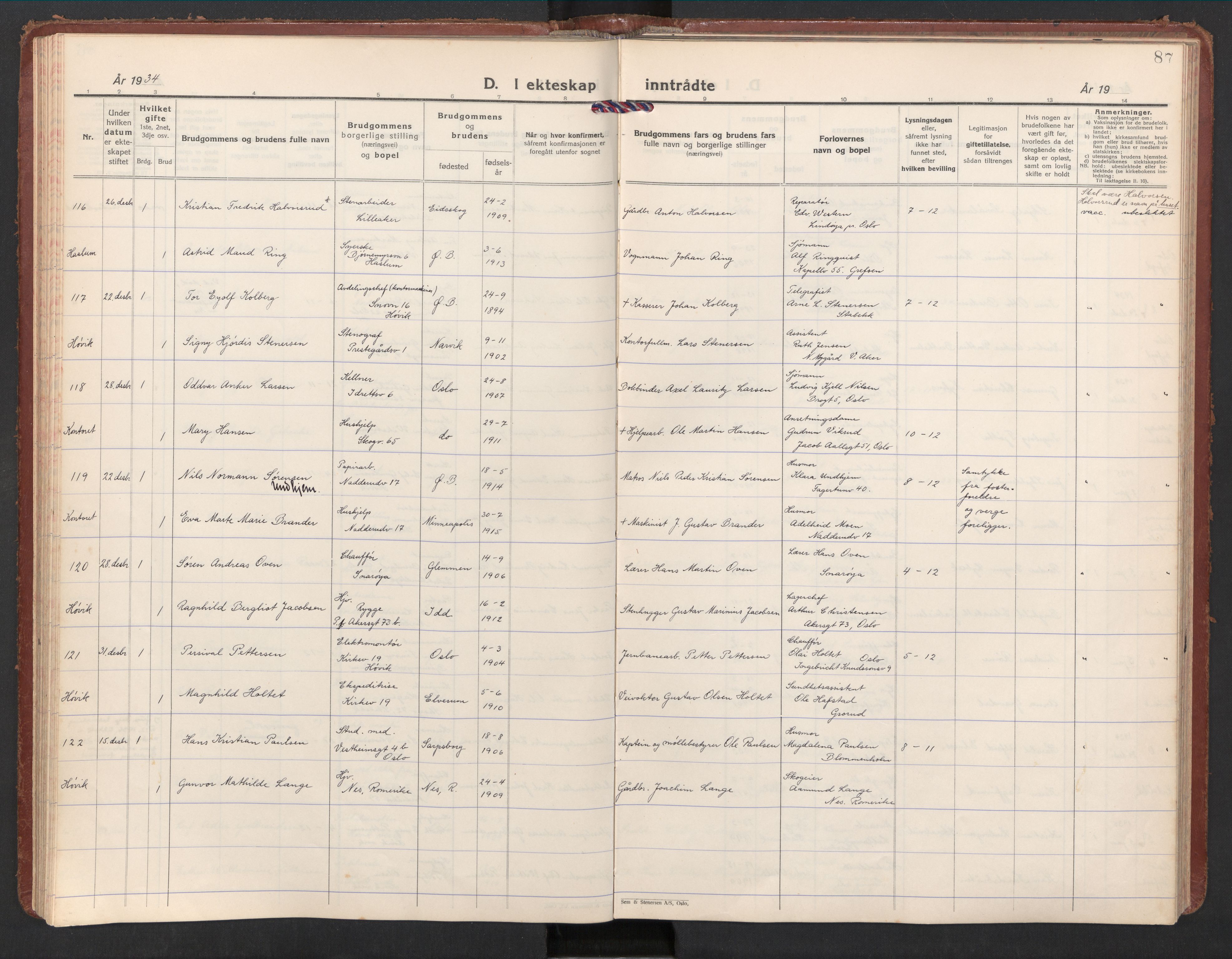 Østre Bærum prestekontor Kirkebøker, AV/SAO-A-10887/F/Fa/L0004: Ministerialbok nr. 4, 1929-1940, s. 87