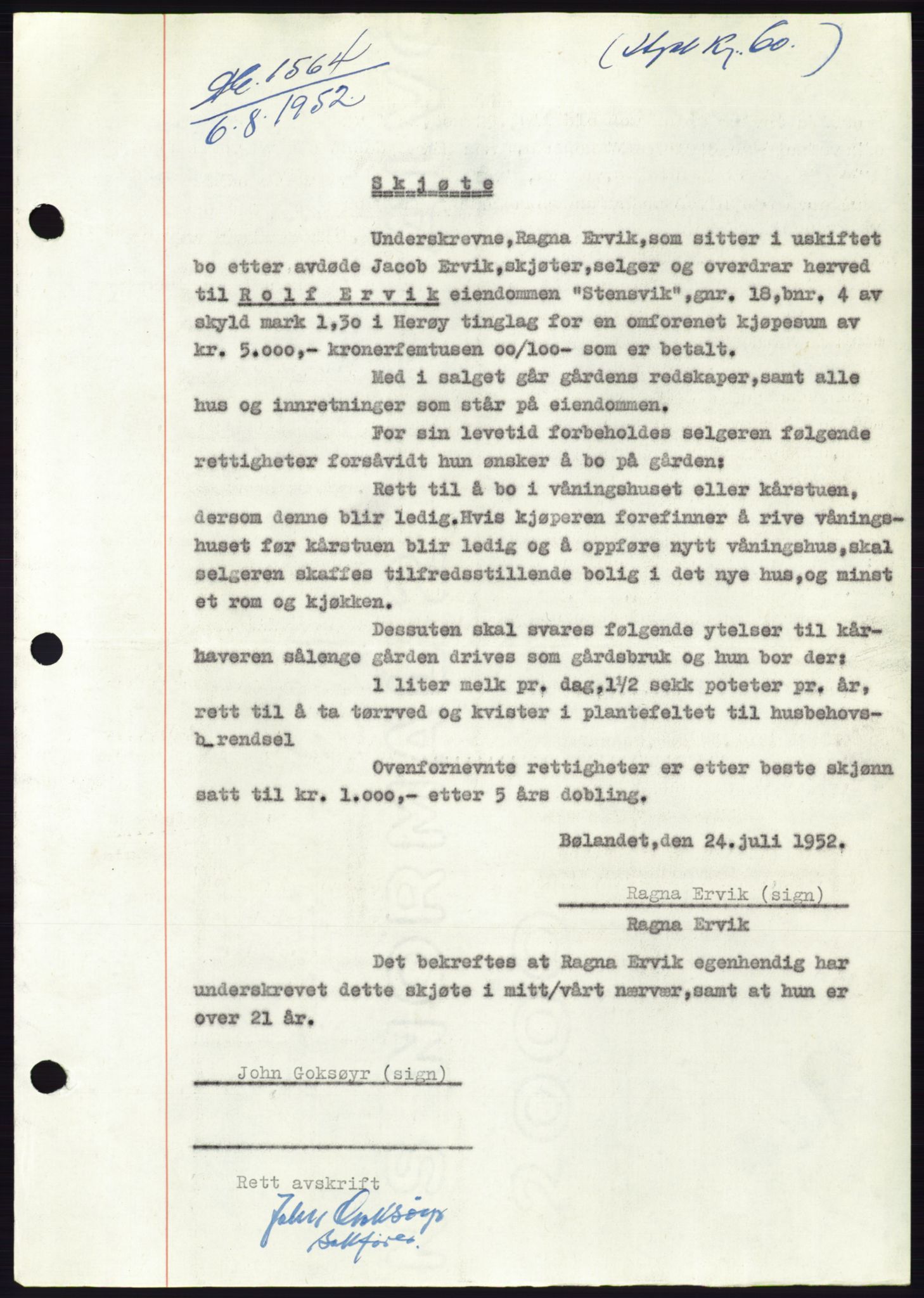 Søre Sunnmøre sorenskriveri, AV/SAT-A-4122/1/2/2C/L0092: Pantebok nr. 18A, 1952-1952, Dagboknr: 1564/1952