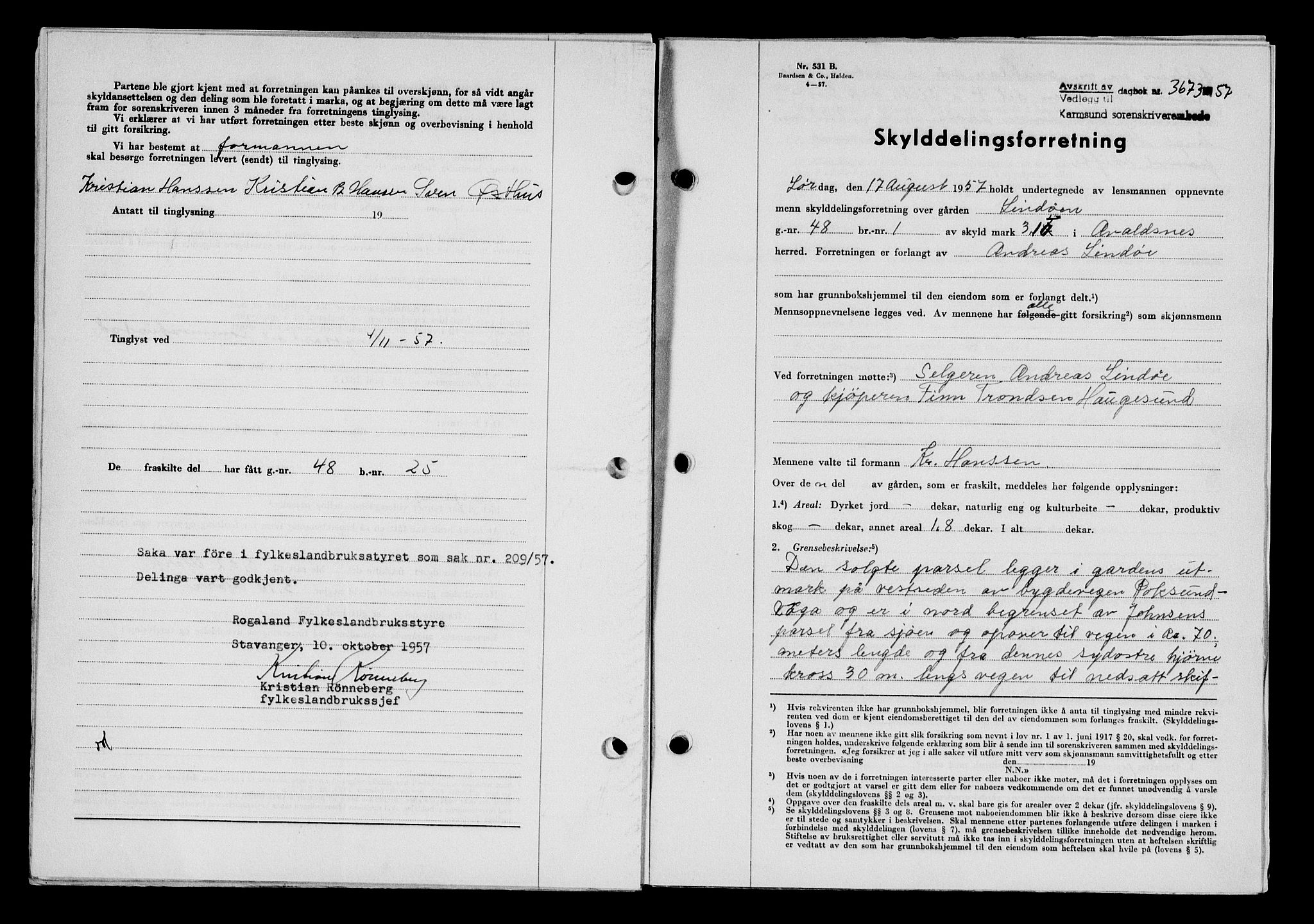 Karmsund sorenskriveri, SAST/A-100311/01/II/IIB/L0127: Pantebok nr. 107A, 1957-1958, Dagboknr: 3673/1957