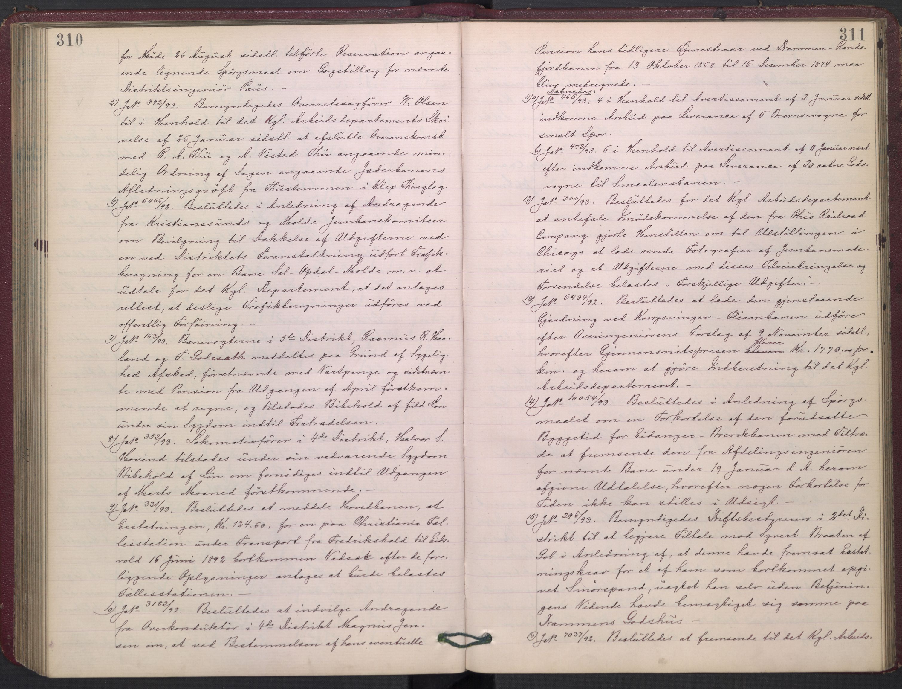 Norges statsbaner, Administrasjons- økonomi- og personalavdelingen, AV/RA-S-3412/A/Aa/L0002: Forhandlingsprotokoll, 1891-1893, s. 310-311