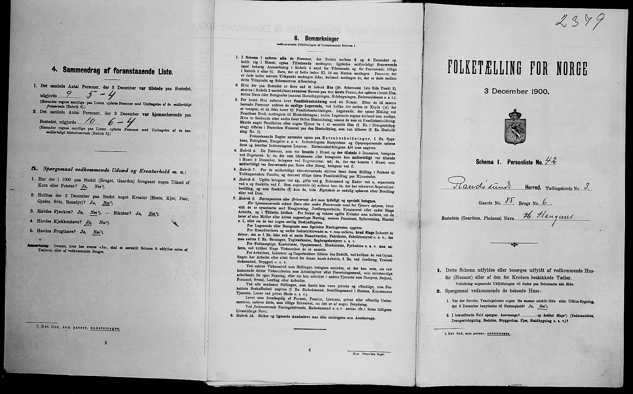 SAK, Folketelling 1900 for 1011 Randesund herred, 1900, s. 427