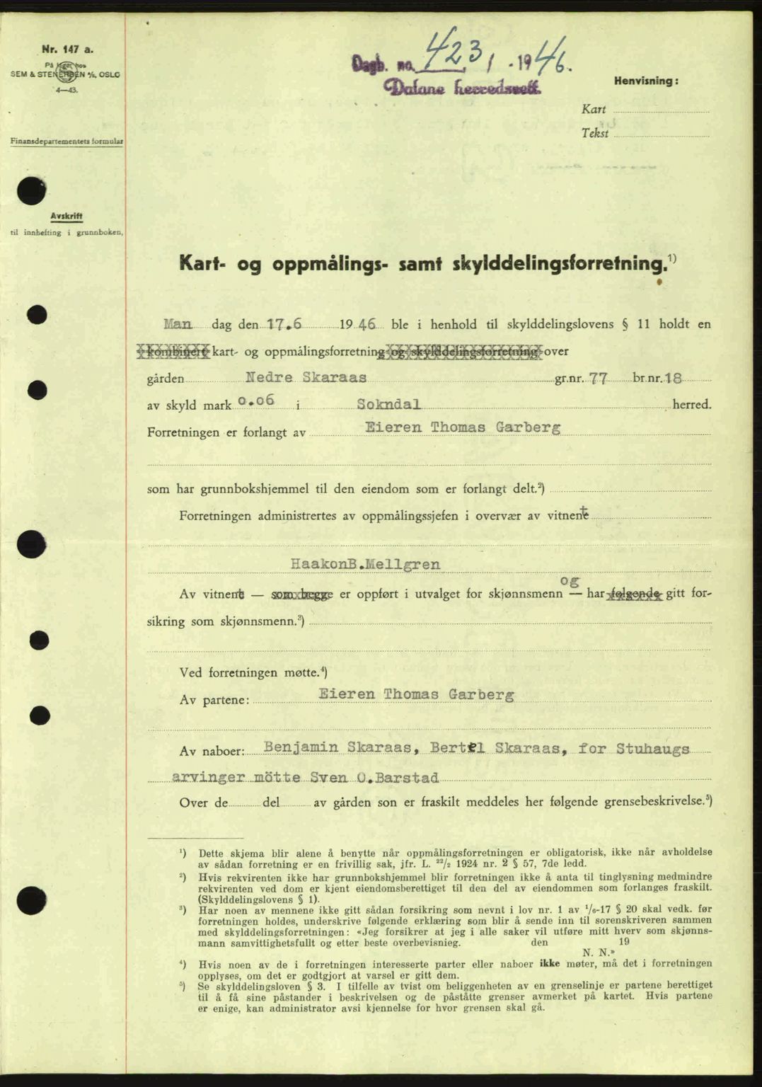 Dalane sorenskriveri, SAST/A-100309/02/G/Gb/L0049: Pantebok nr. A9, 1946-1947, Dagboknr: 423/1946