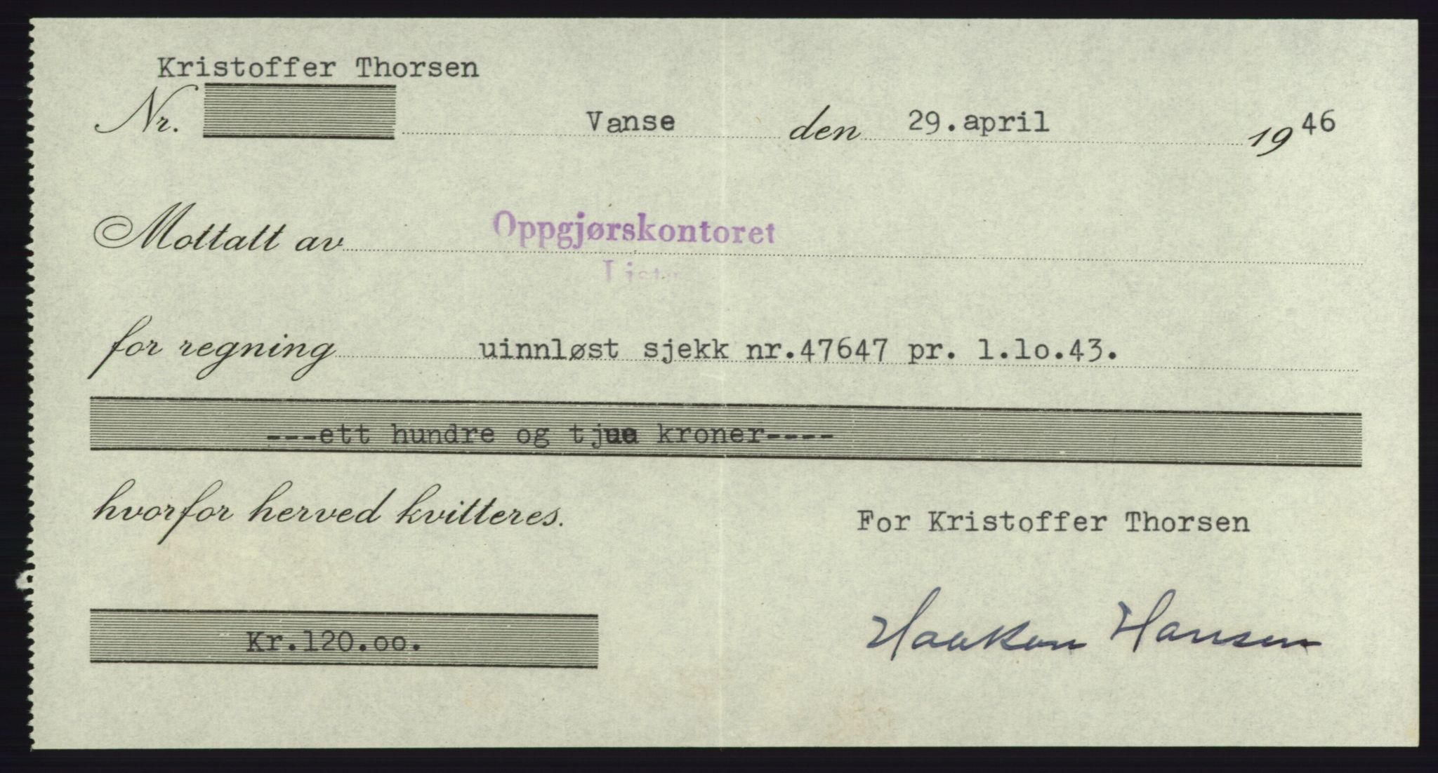 Forsvarsdepartementet, 10. kontor / Oppgjørskontoret, AV/RA-RAFA-1225/D/Db/L0180: Lista oppgjørskontor, 1942-1952, s. 2085
