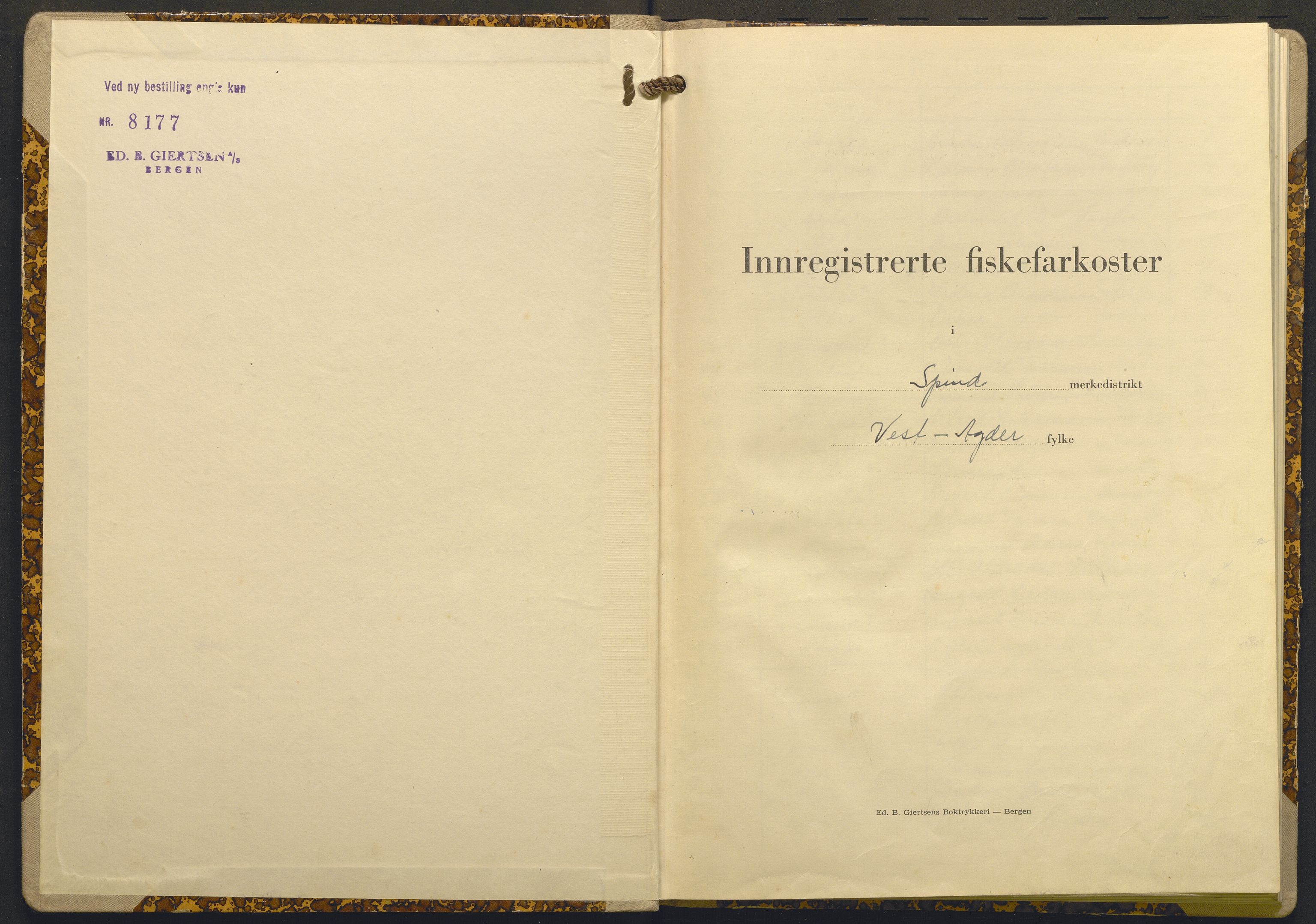 Fiskeridirektoratet - 1 Adm. ledelse - 13 Båtkontoret, SAB/A-2003/I/Ia/Iaj/L0039: 135.1017/2 Merkeprotokoll - Spind, 1952-1960